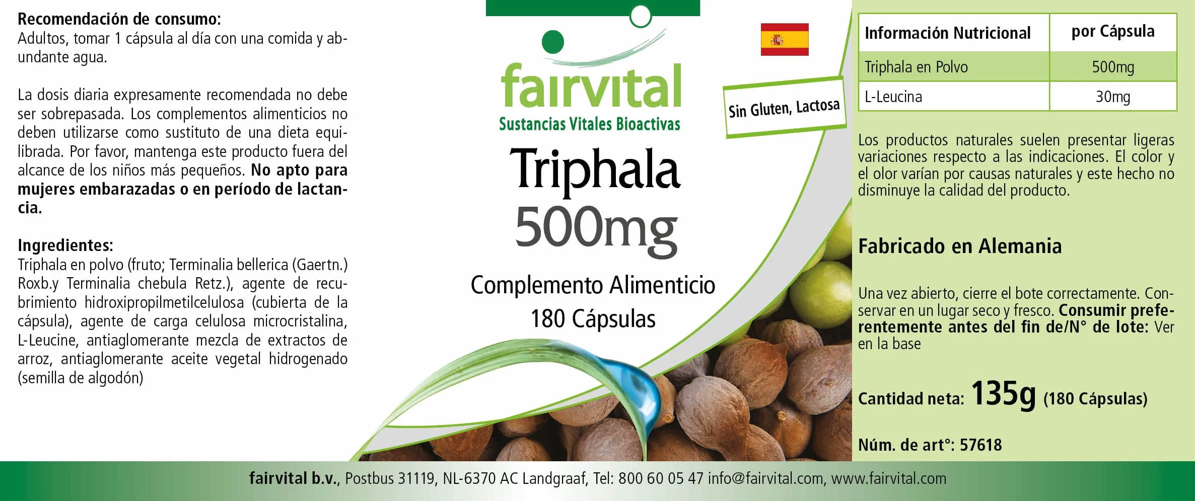 fairvital Triphala 500 mg, 180 capsule vegane, tripla frutta ayurvedica, Amalaki, Haritaki, Bibhitaki, qualità testata e ad alto dosaggio, Made in Germany