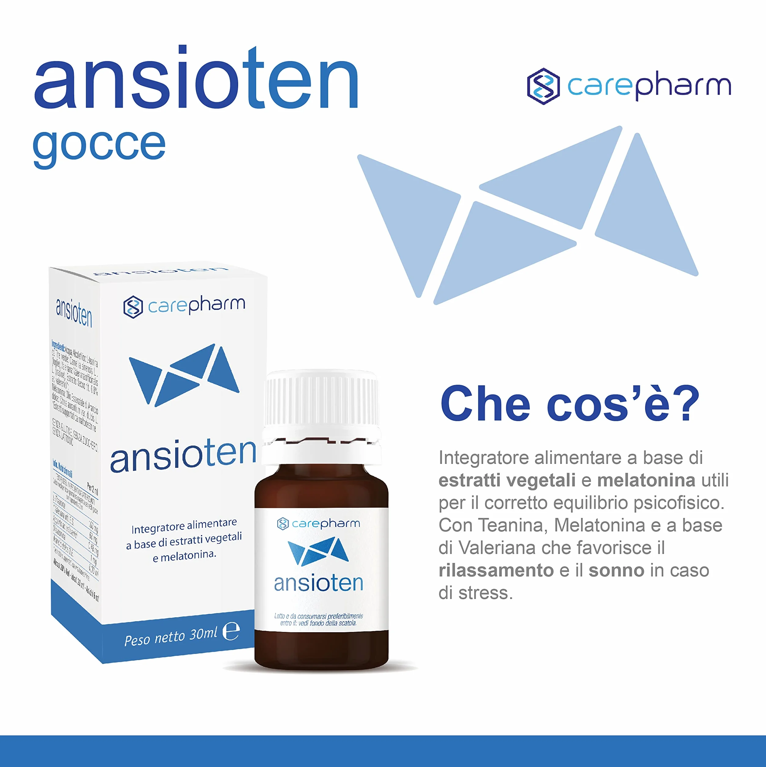 Carepharm Ansioten Integratore Alimentare Liquido Rilassamento Sonno Stress Senza Zuccheri Lattosio 30 ml