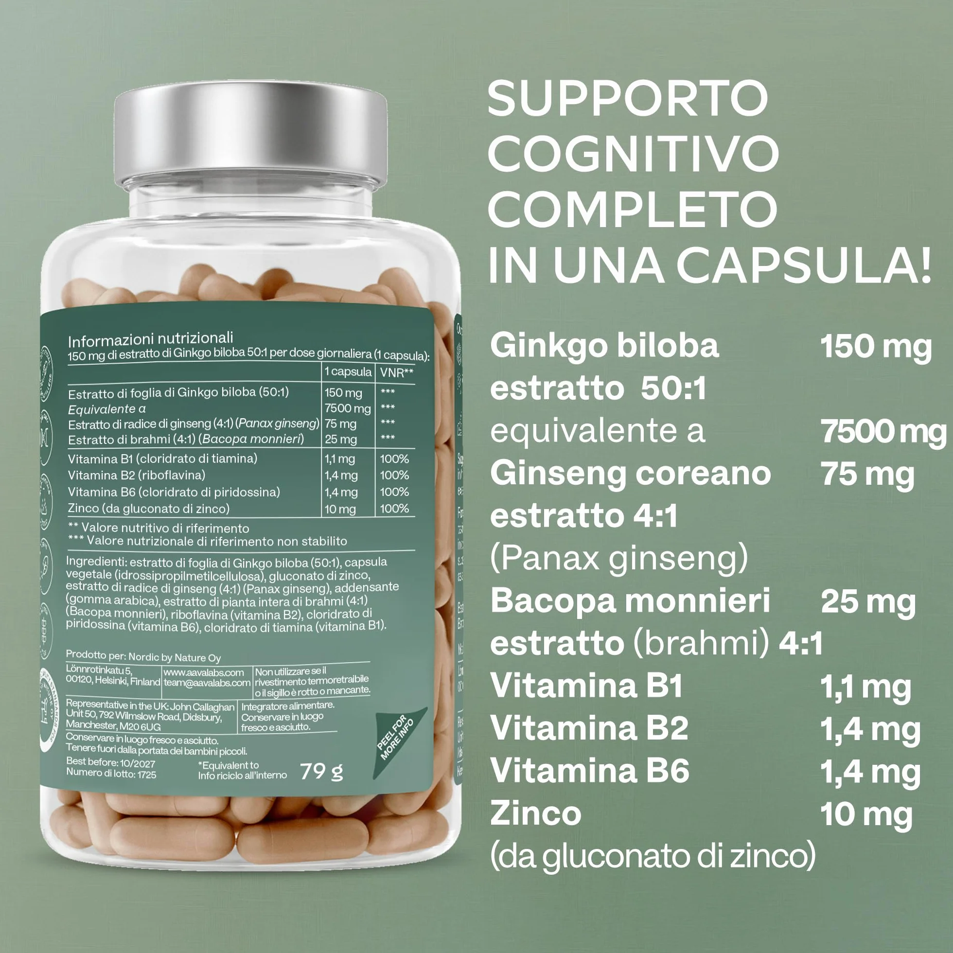 Ginkgo Biloba Integratore 7500mg 50:1 con Ginseng Rosso Coreano, Bacopa Monnieri, Vitamina B Complex, Zinco - Nootropico Memoria e Concentrazione - 180 capsule