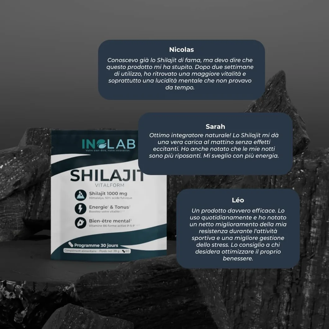 INOLAB Shilajit Puro Originale Himalaya | Titolato al 50% in Acido Fulvico I Integratore per Energia, Equilibrio ormonale, Vitalità maschile e Benessere Mentale I Shilajit Mumijo Capsule Vegan