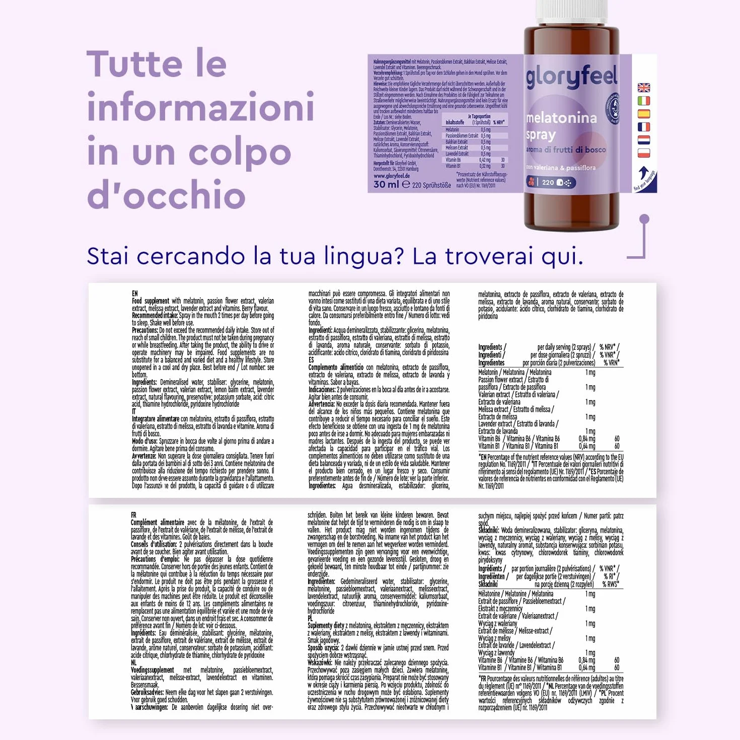 Melatonina Spray 0,5mg per Spruzzo, Integratore Valeriana Forte con Passiflora e Lavanda Rilassante, Vitamina B1 e B6, Gusto Frutti di Bosco, 30ml