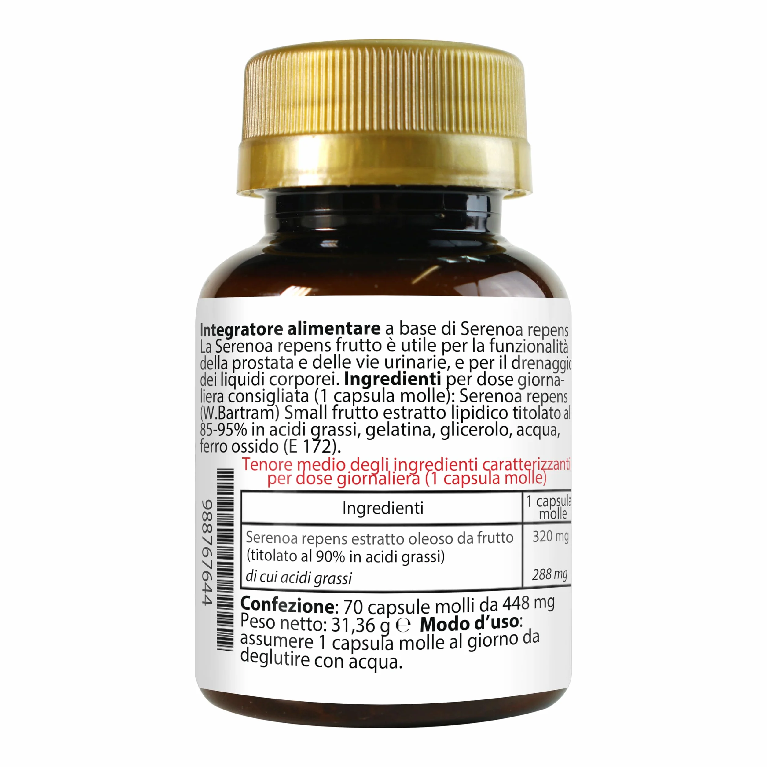 SERENOA REPENS 320 MG TITOLATO AL 90% 70 SOFTGELS CAPSULE MOLLI PER PROSTATA E VIE URINARIE LA BOTTEGA DEGLI INTEGRATORI