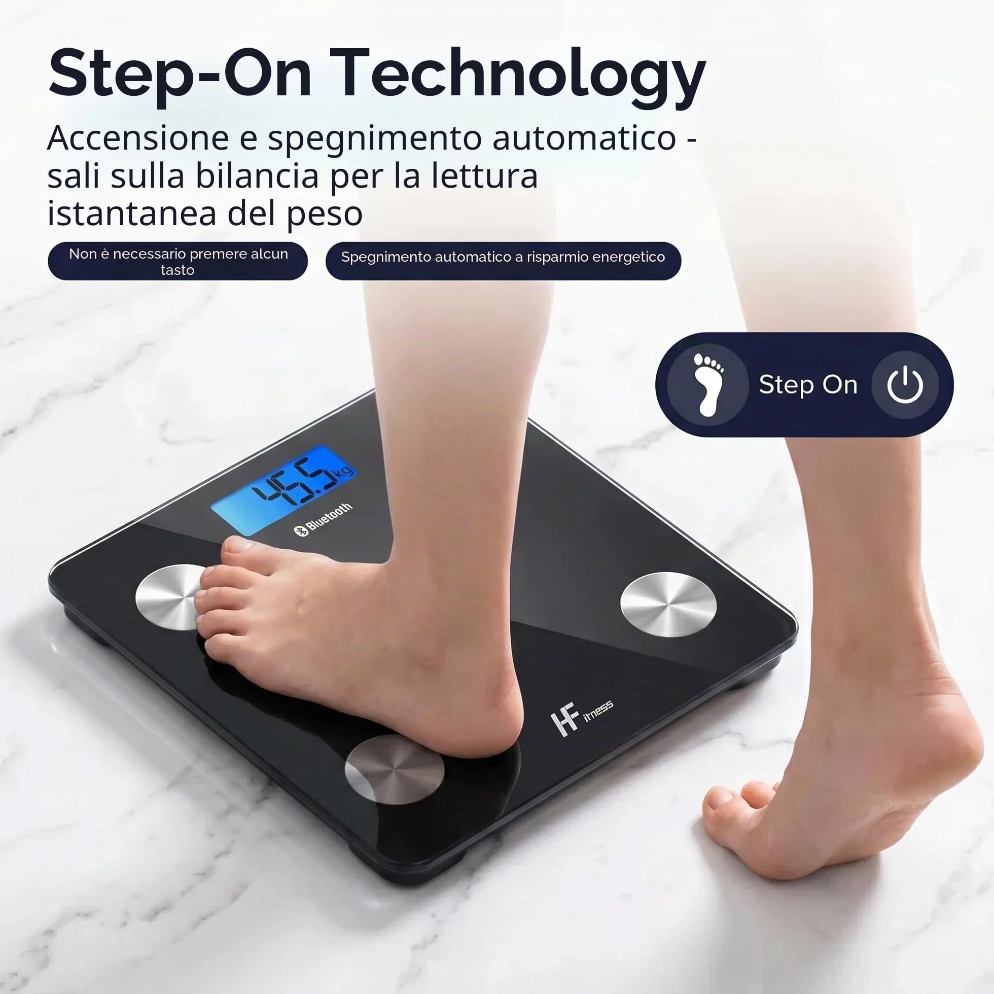 HF Bilancia Pesapersone Professionale Impedenziometrica Bluetooth Digitale con App Misura Peso Corporeo, Massa Grassa, BMI, Massa Muscolare, Massa Ossea, Proteine (Nero con retroilluminazione blu)