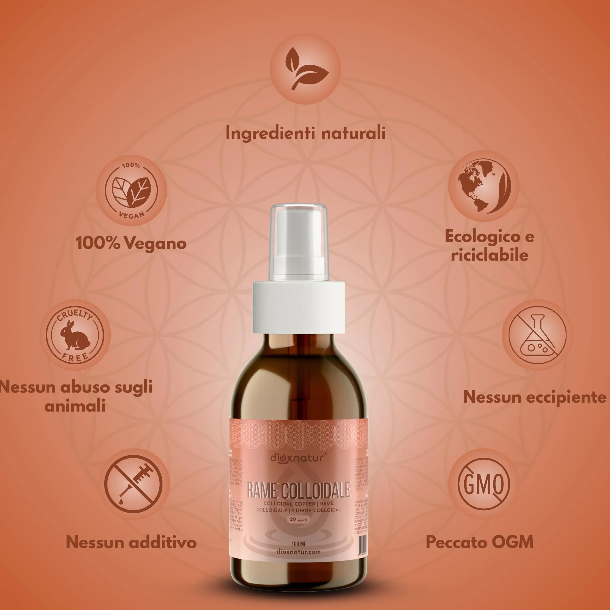 Rame Colloidale 100 ml - 20 ppm - 99,99% Purezza - Soluzione Liquida con Acqua Bidistillata - Flacone Vetro Ambra con Spray
