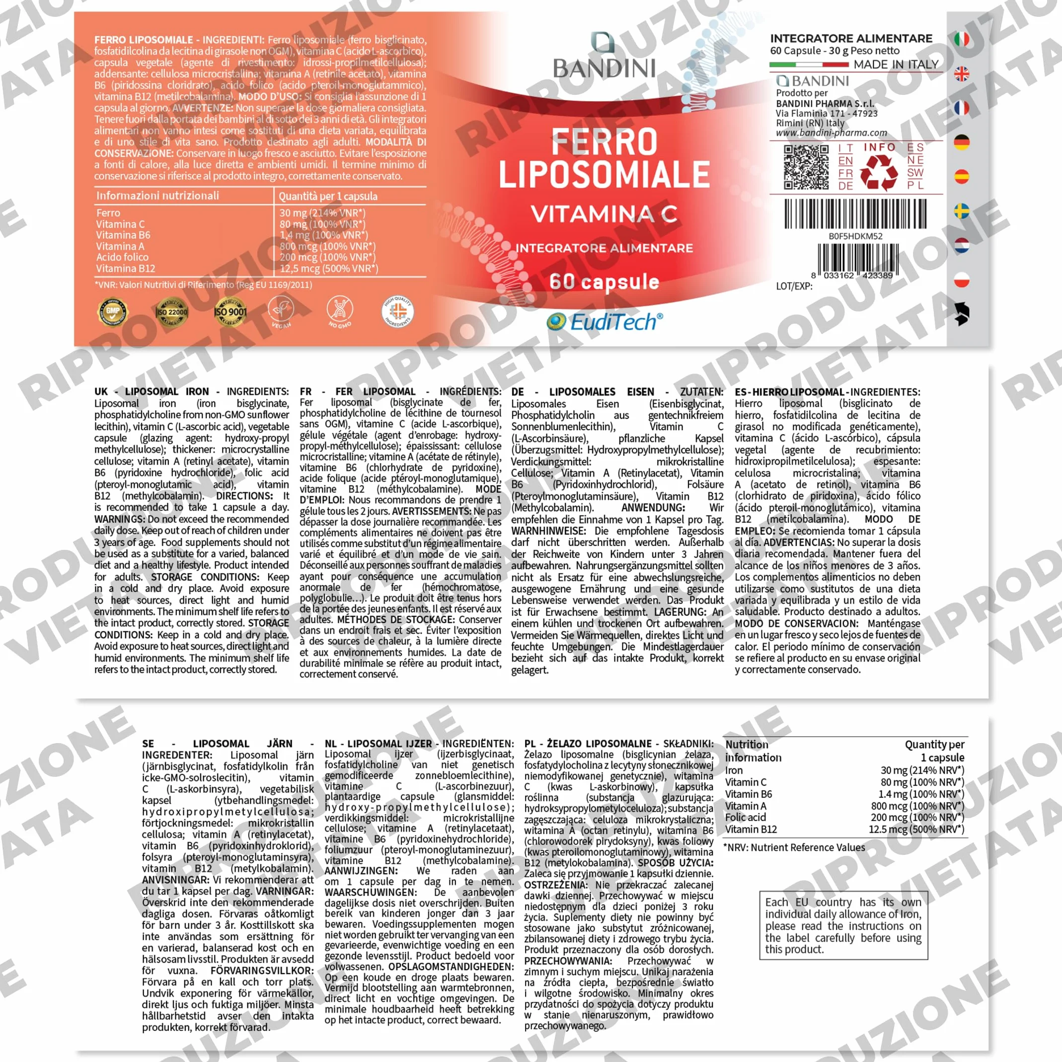 Bandini® Ferro Liposomiale Complex 30 mg – con Vitamina C, Acido Folico, B12, B6 e A – Alta Biodisponibilità e assorbimento, contro Stanchezza e Affaticamento – 60 Capsule per 2 mesi