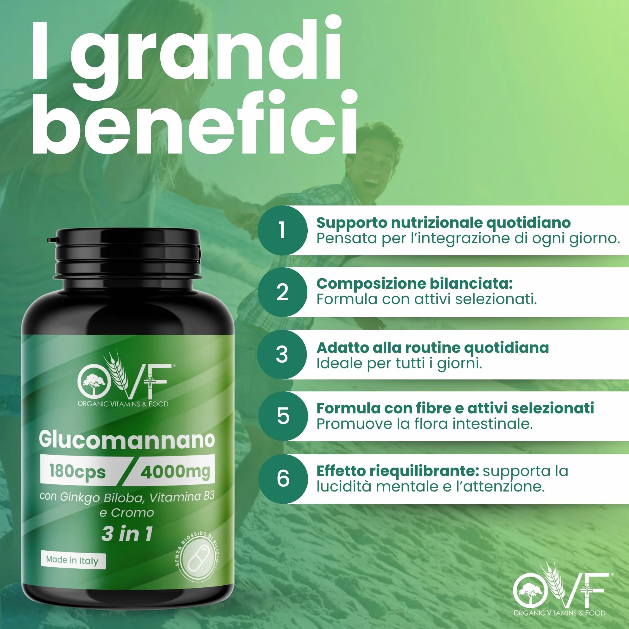 OVF Glucomannano Forte 4000 mg 180 Capsule Integratore Alimentare con Ginkgo Biloba, Vitamina B3 e Cromo, Made in Italy