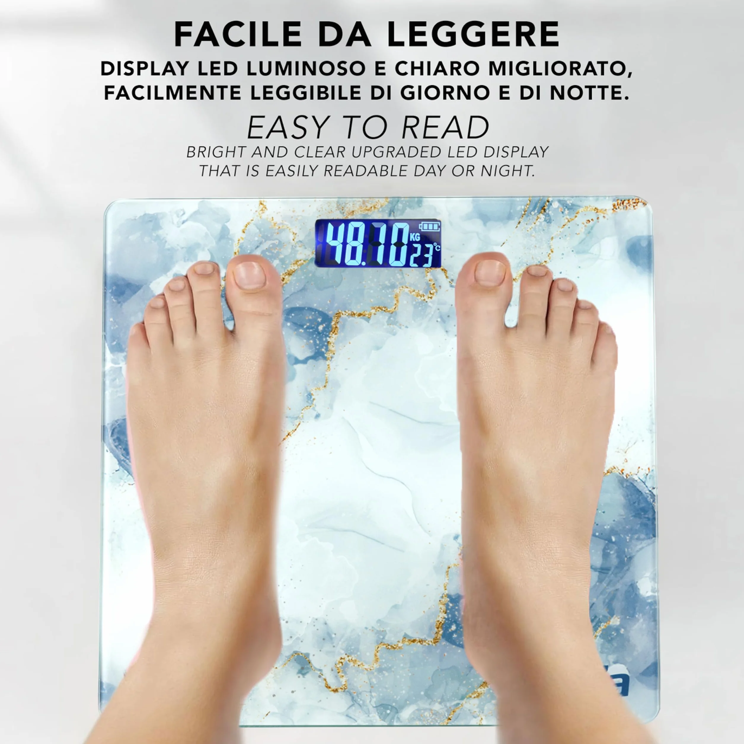 IPEA Bilancia Pesapersone Digitale Ultra Sottile Tecnologia STEP ON Massima Precisione Peso Effetto Marmo Vetro Temperato Display 0,1 KG Max 180Kg