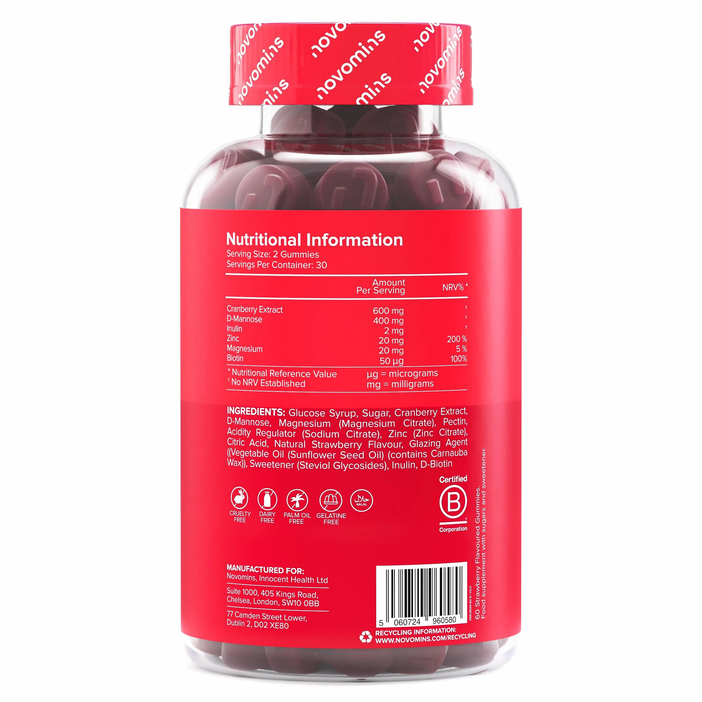 Mirtillo Rosso e D-Mannosio Gommose – 600 mg Mirtillo + 400 mg D-Mannosio – con Zinco e Biotina – Vegan, Senza Glutine – 60 Gommose Gusto Fragola – Novomins