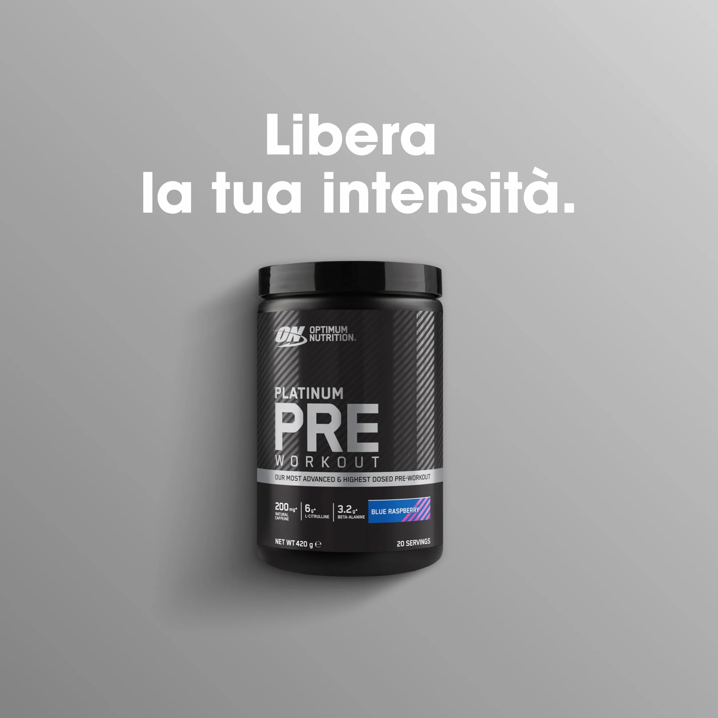 Optimum Nutrition ON Platinum PUMP Pre-Workout, Integratore Pre-Workout Intenso Senza Caffeina, Gusto Lampone Blu, 420 g, 20 dosi