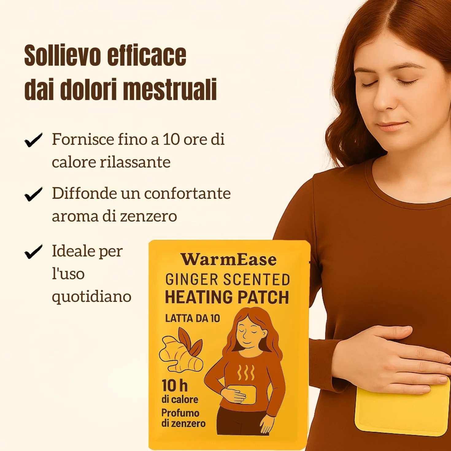Cerotti Riscaldanti Mestruali Donna – Confezione da 10 – Profumo di Zenzero – Sollievo Crampi – Pad Termico Addominale – 52°C – Monouso (10 unità)
