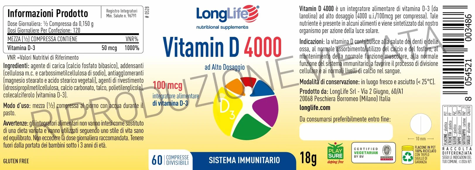 LongLife® Vitamin D 4000 | Vitamina D3 naturale | Alto dosaggio | Difese immunitarie, ossa e denti | Metabolismo del calcio | Fino a 100 giorni di trattamento | Senza glutine e vegetariano