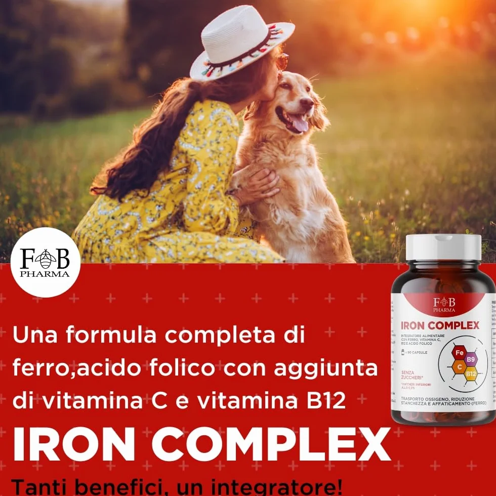 FB PHARMA - Integratore Ferro + Acido Folico + Vitamina C + Vitamina b12 - Iron Complex 90 compresse per CARENZE | SISTEMA IMMUNITARIO | RIDUZIONE STANCHEZZA E AFFATICAMENTO