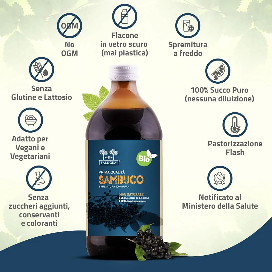 SUCCO DI SAMBUCO BIO Salugea - 100% Puro e Biologico - Integratore Fluidificante per le Vie Respiratorie, Antiossidante, Diuretico e Depurante - Flacone in Vetro Scuro - 500 ml