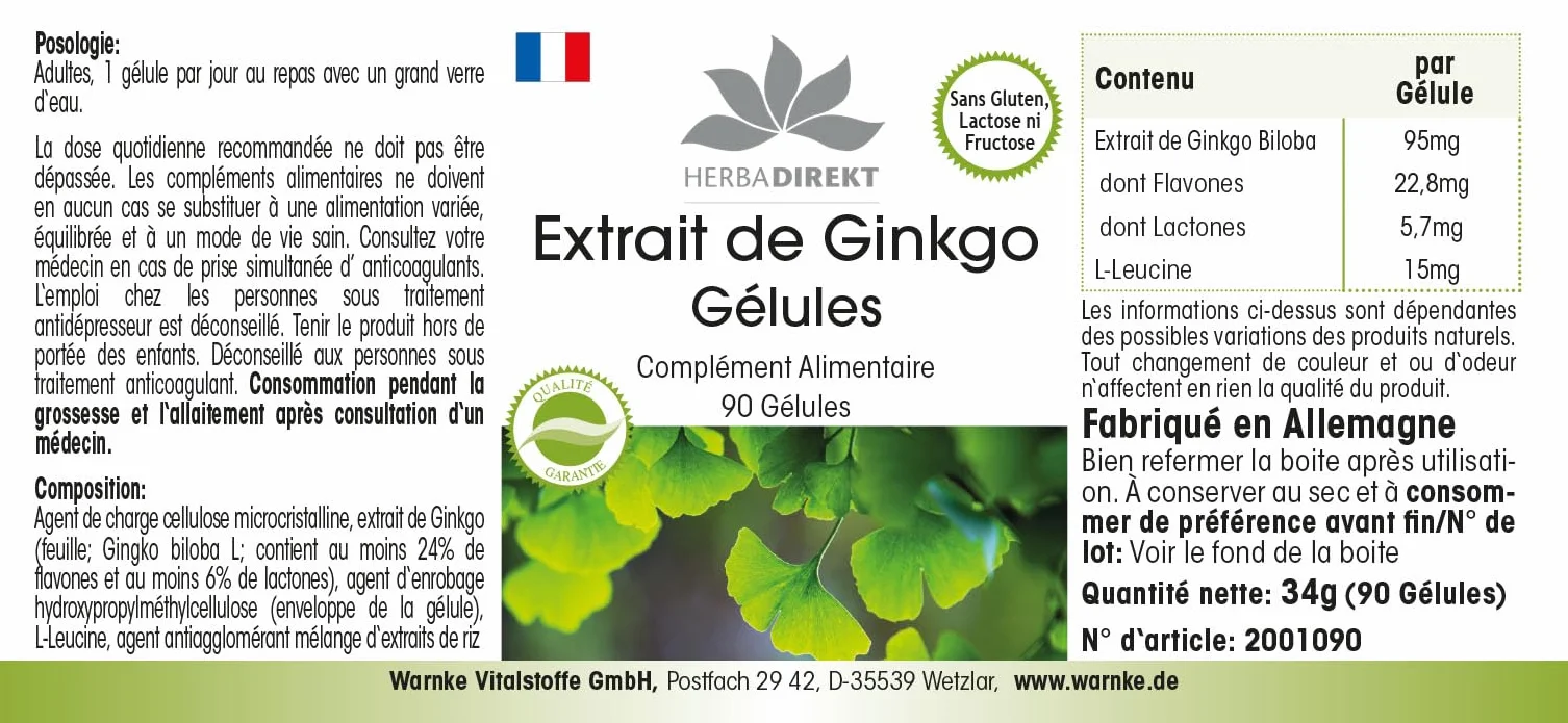 Estratto Ginkgo Biloba capsule 95mg - 90 capsule - almeno 24% di flavoni e almeno 6% di lattoni | HERBADIREKT by Warnke Vitalstoffe - Qualità da farmacia tedesca