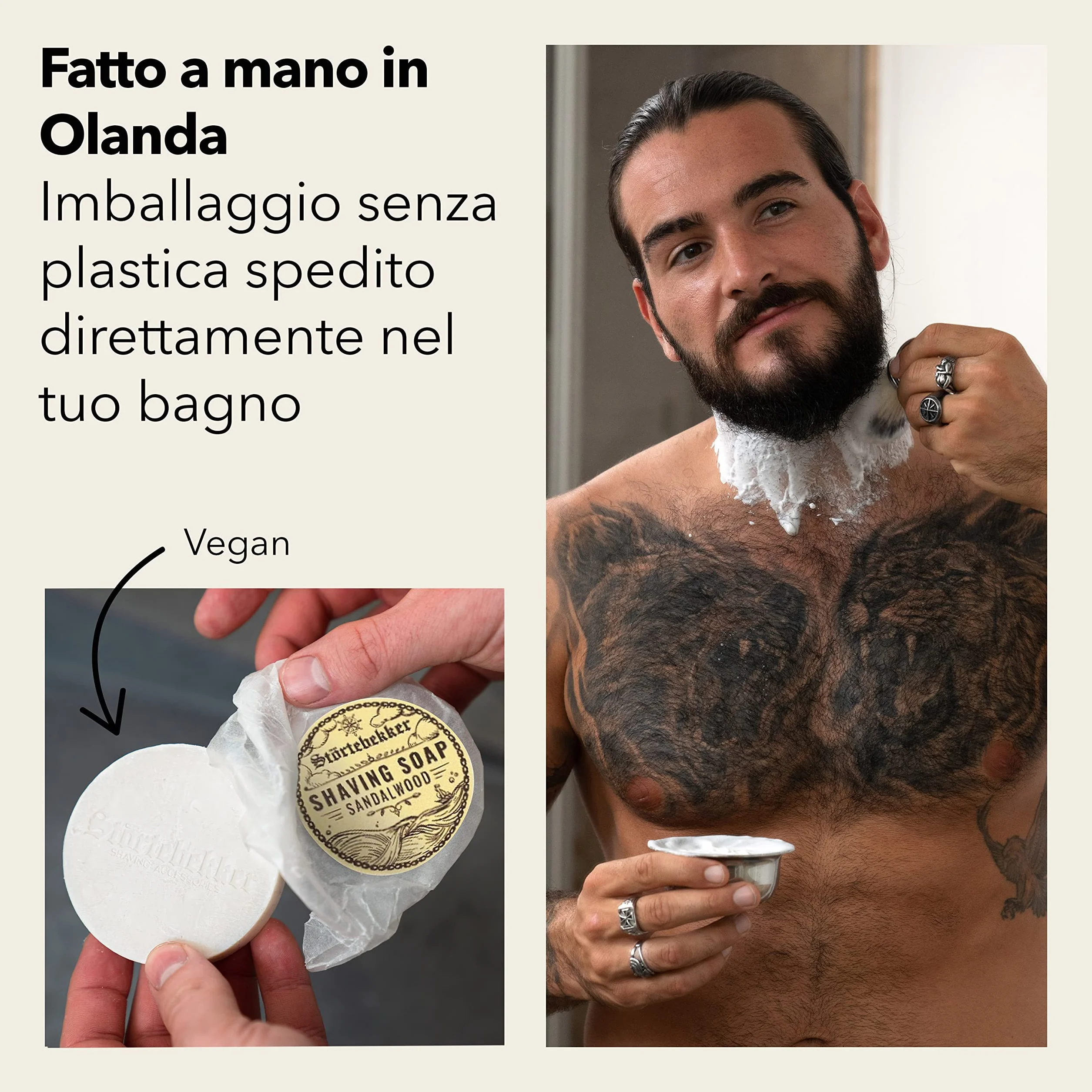Störtebekker Premium Sapone da rasatura (Sandalo) - per una ricca schiuma da barba - Perfetto per la rasatura con rasoio di sicurezza e rasoio a lama dritta - vegano - fatto a mano (70g, 1pc.)