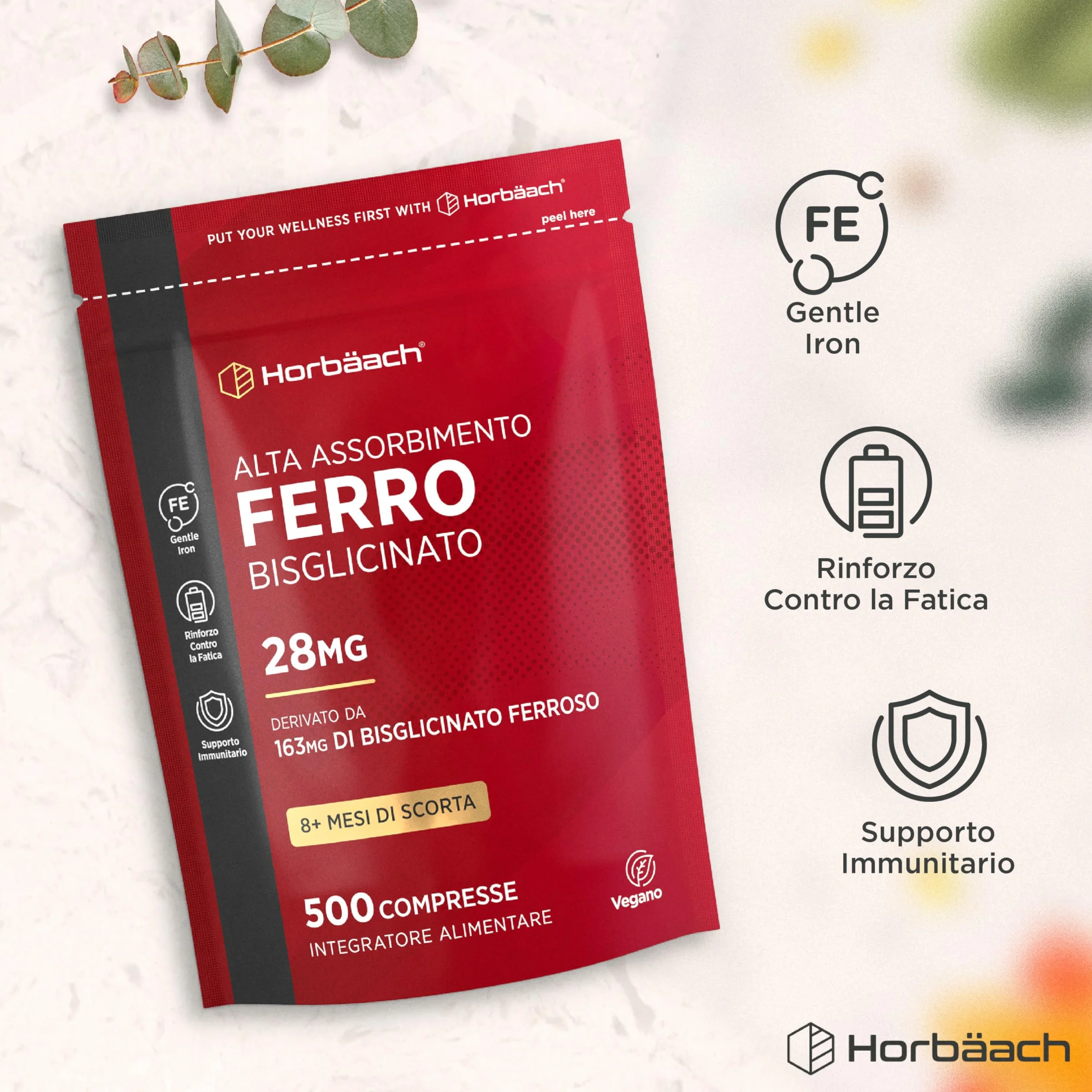 Ferro Integratore Forte 28 mg | 500 Compresse Vegane | Ferro Bisglicinato | Supporto Energetico | Gentle Iron Supplement | di Horbaach