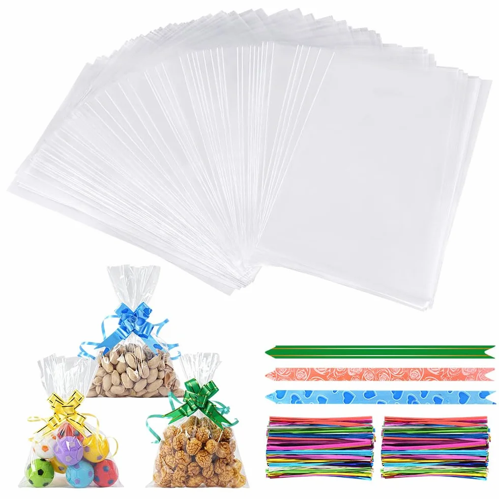 Sacchetti in Cellophane Trasparente 14x20 cm 100 Pezzi con Fiocchi e Lacci per Alimenti Confezioni Regalo