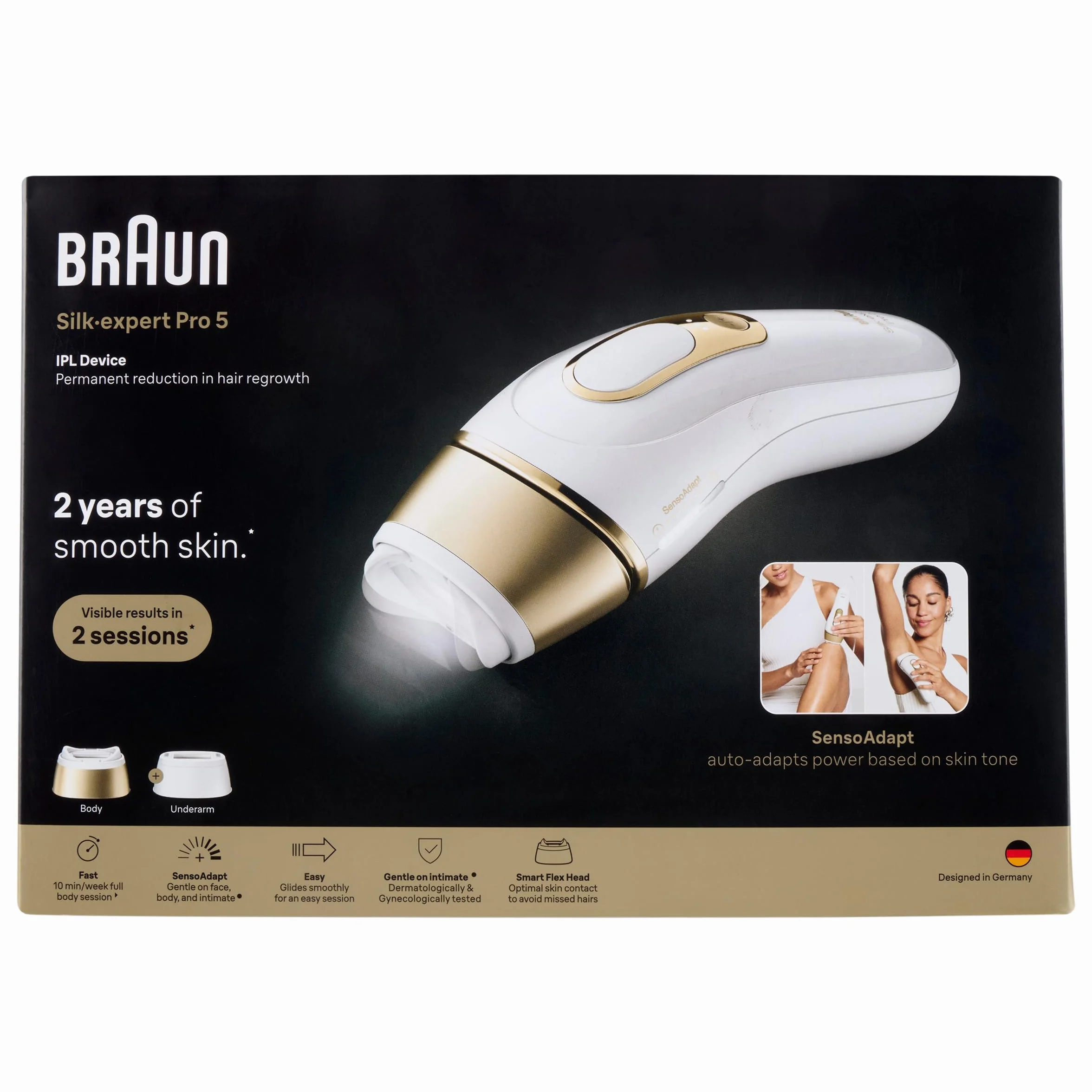 Braun IPL Smart Silk ·expert Pro 5, rimozione dei peli laser a casa, depilazione durevole, con custodia, 2 accessori, PL5210