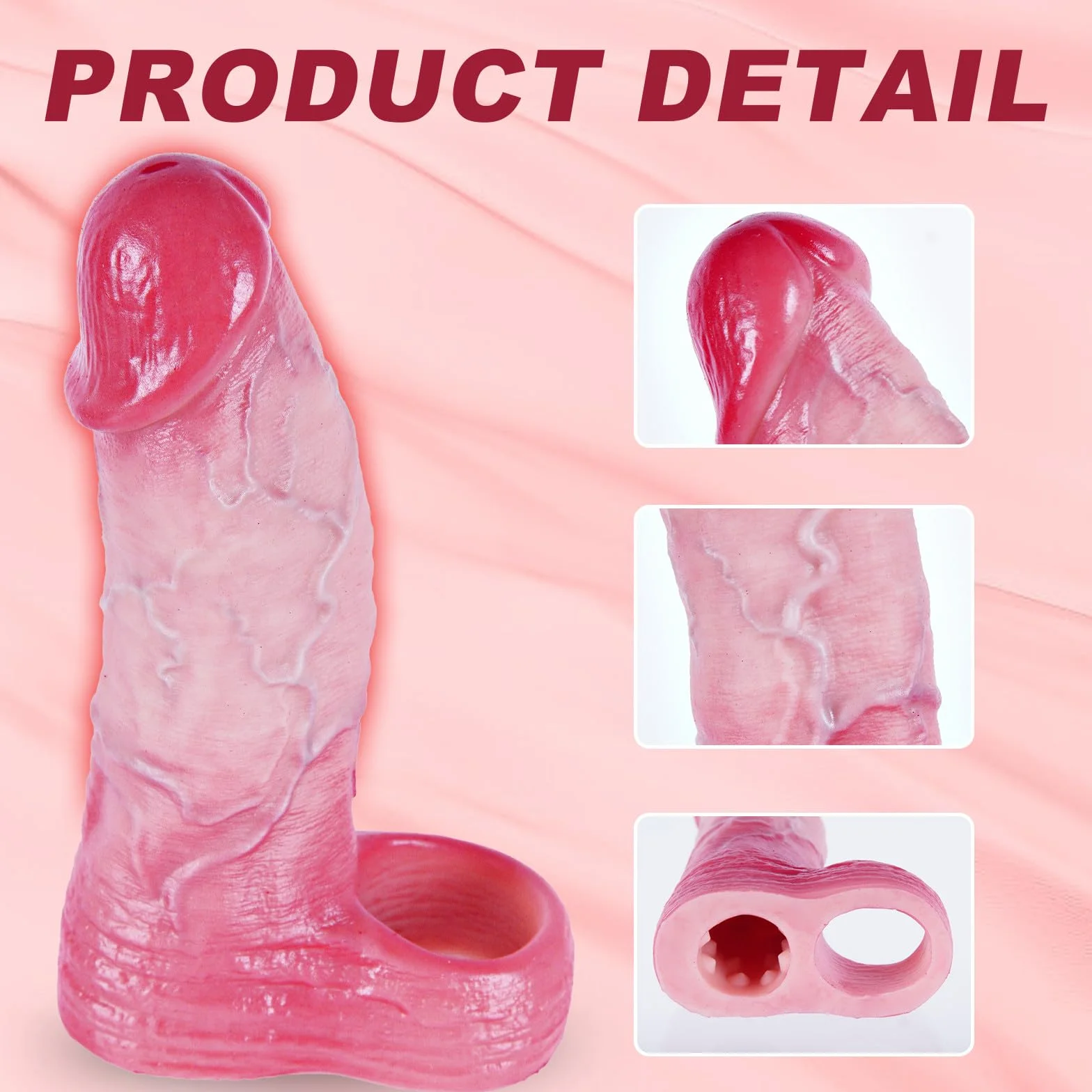 Set di 2 copripene e anelli in silicone realistici, S/L, per rapporti più duraturi e intensi, con glande rosso e vene realistiche, prolunga pene, giocattolo adulto per uomini e coppie