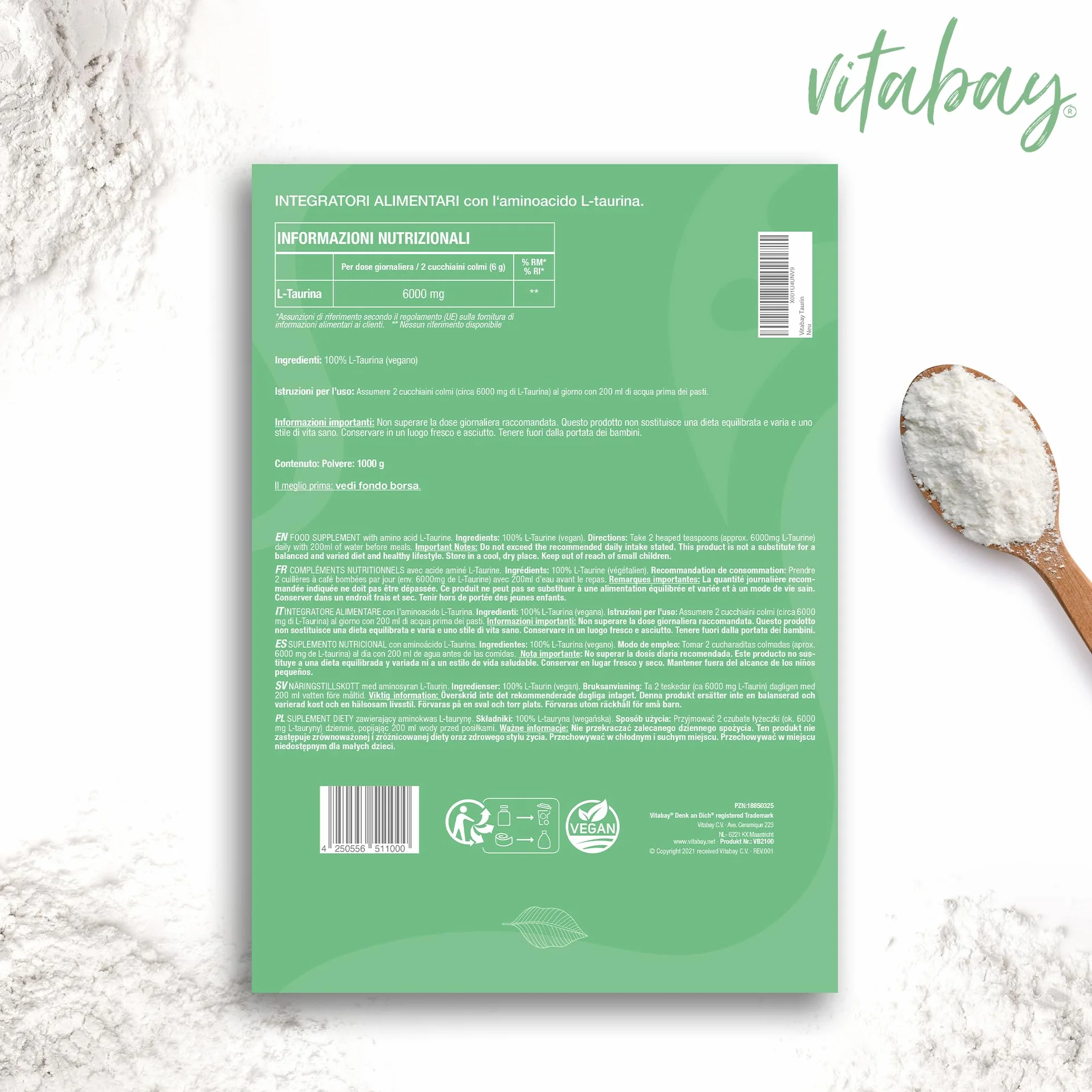 Vitabay Taurina Polvere 1 kg – Taurina 6000 mg Vegan Supplemento