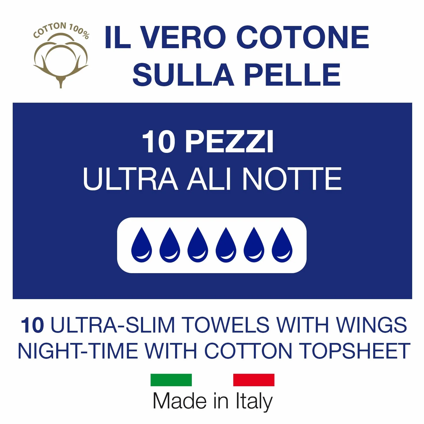 COTTON SOUND ULTRA ALI NOTTE Assorbenti con Cotone 10 Pezzi, 100% Cotone Idrofilo, Ipoallergenici, Super Assorbenti, Tecnologia Multistrato, Made in Italy