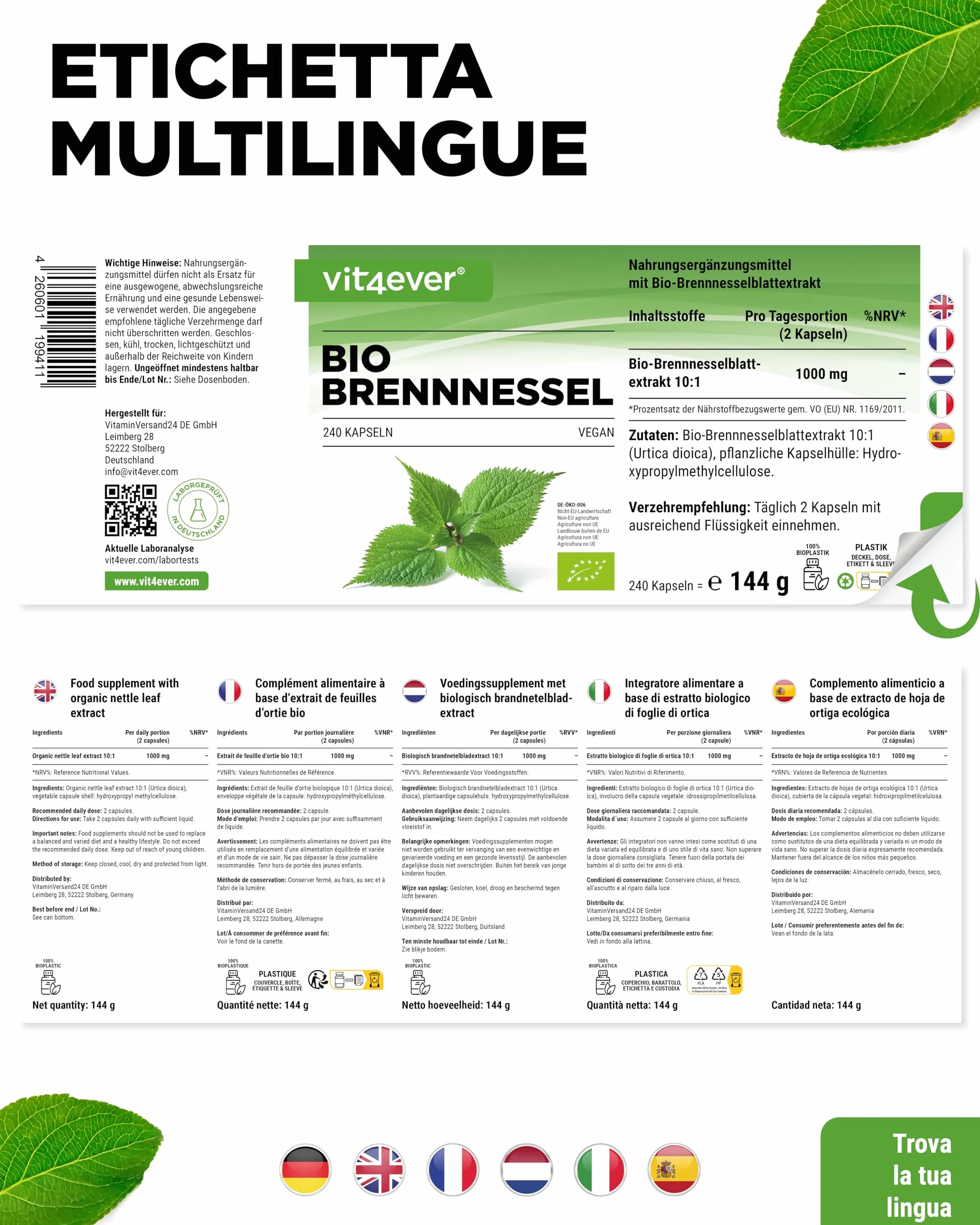 Ortica biologica 240 capsule 1000 mg per dose giornaliera Estratto 10:1 Vegan