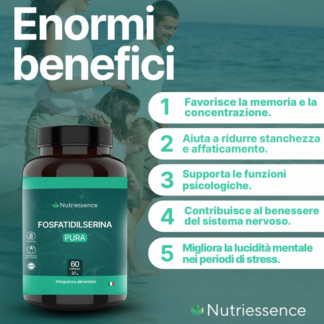 Fosfatidilserina 500 mg | Maxi Dosaggio Formato 60 Capsule | 2 Mesi di Rifornimento | Con Vitamine B1, B3, B9 e B12 | Migliora Memoria, Concentrazione e Focus Mentale |Senza Glutine e Lattosio