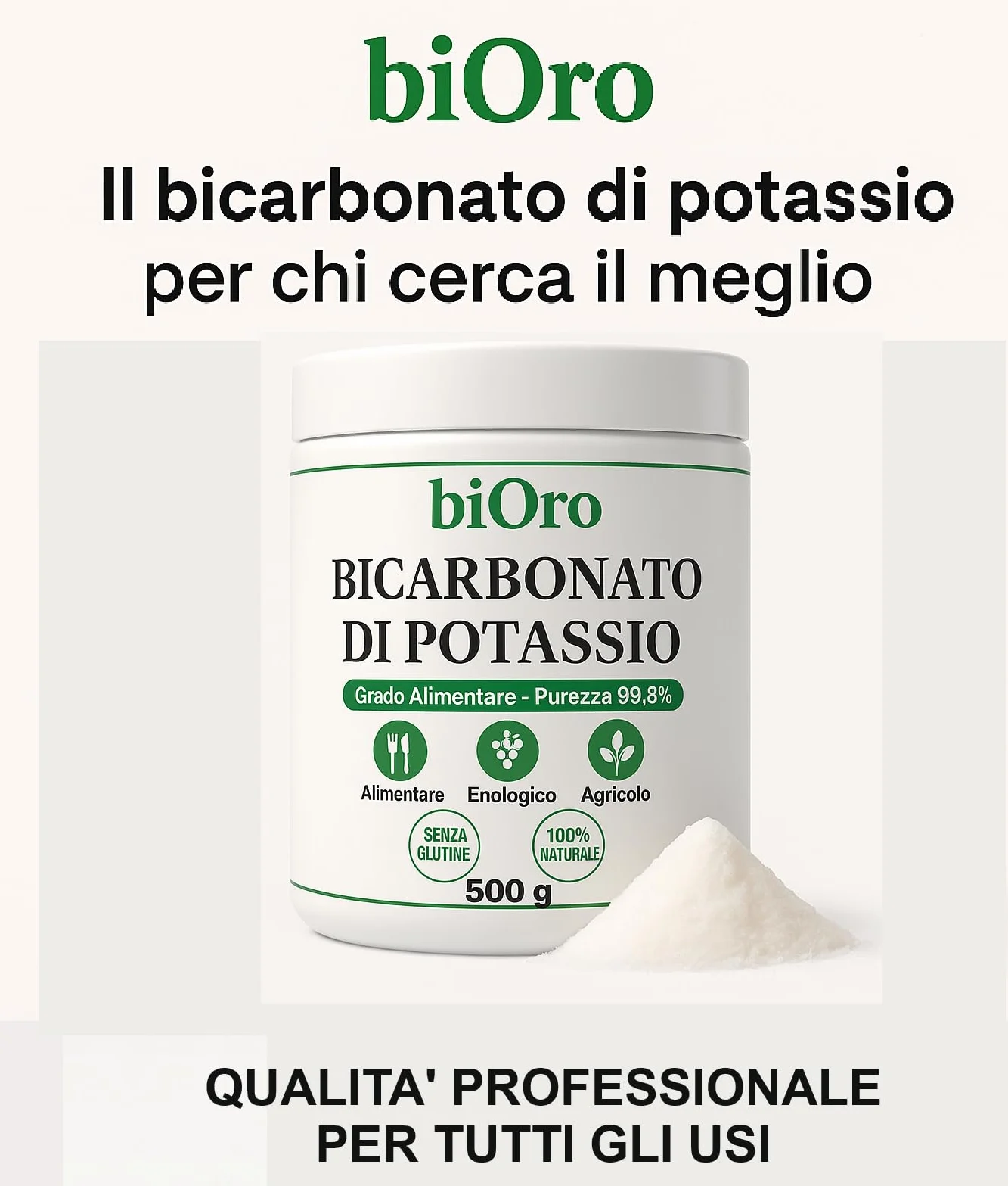 BICARBONATO DI POTASSIO Alimentare biOro 99,8% – 500g – Regolatore Acidità, Antifungino Naturale, Uso Enologico e Agricolo – Grado Alimentare Qualità Premium – Senza Glutine