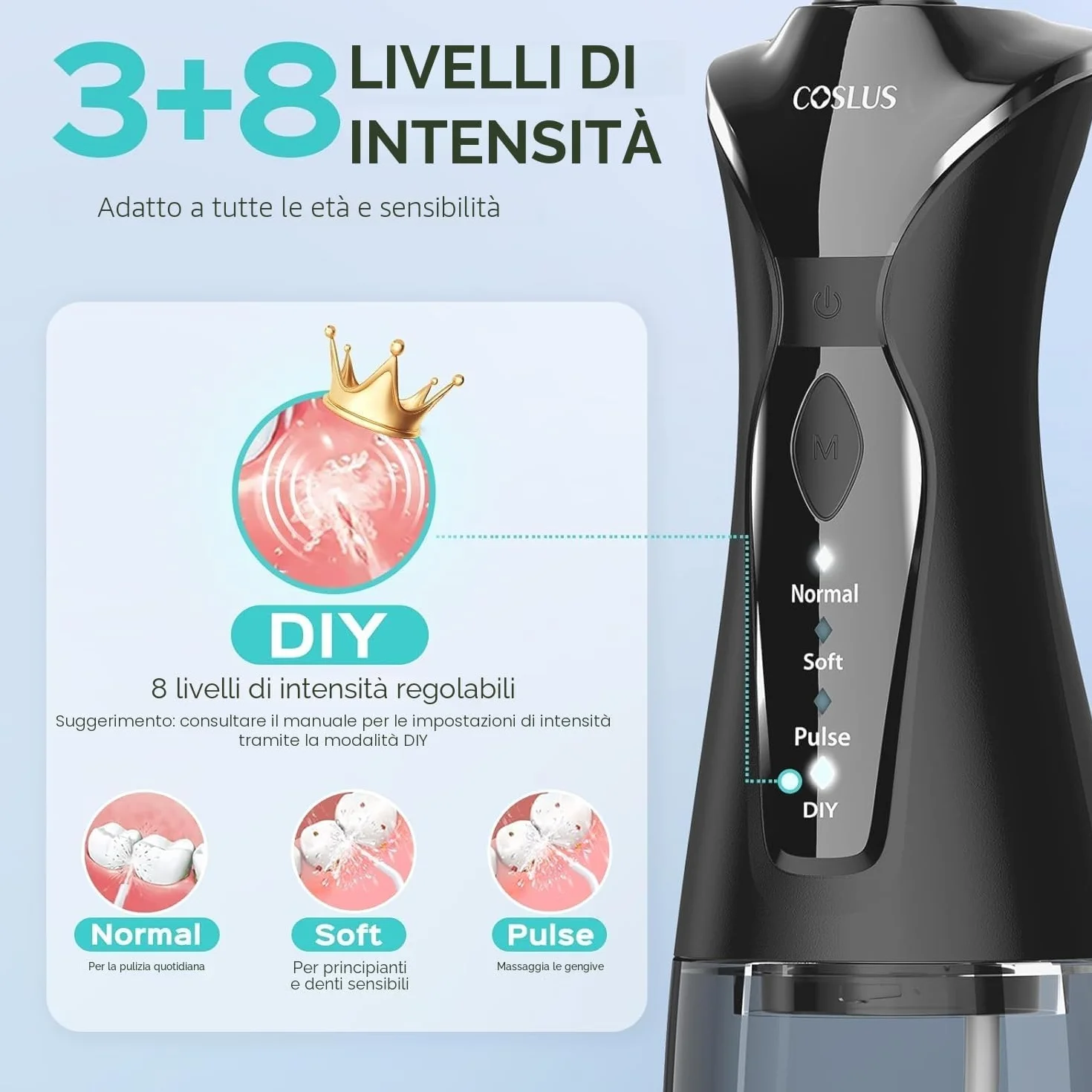 COSLUS C30 Idropulsore Dentale Portatile: 300ml Irrigatore Orale Senza Fili, 4 Modalità Idropulsore Dentale, Vincitore del Test 30 Giorni, Facile da Usare, IPX7 Impermeabile, Nero
