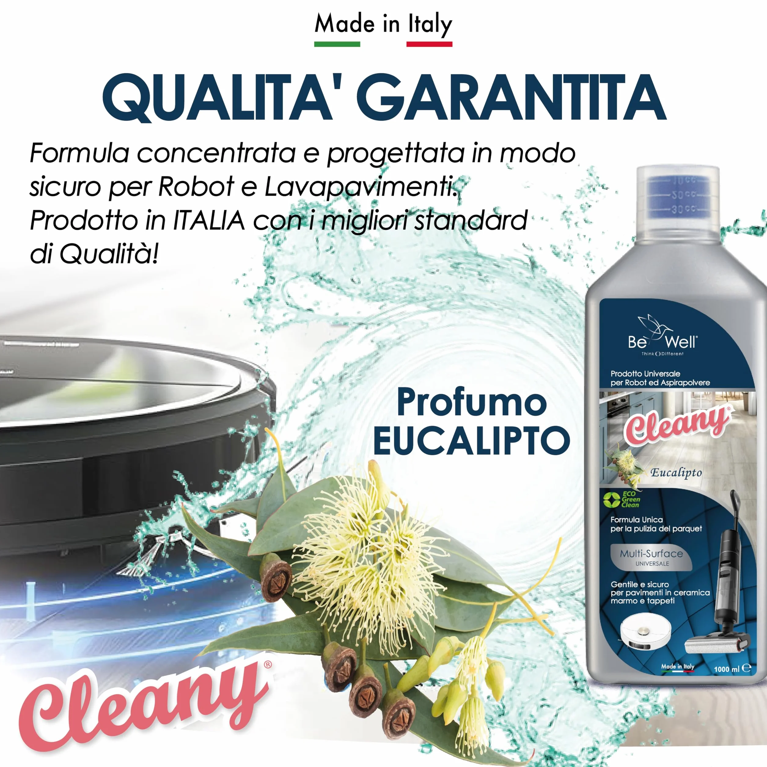 CLEANY Detergente Concentrato per Robot Lavapavimenti 1000ml Multisurface Igienizzante (Eucalipto)