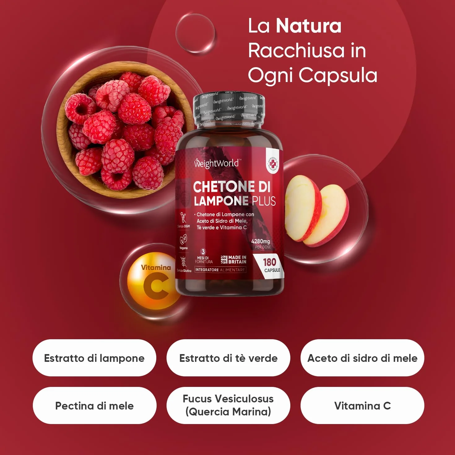 Chetoni Esogeni Plus 4280mg 180 Capsule Vegane, Estratto 20:1 Chetoni di Lampone Complex con Vitamina C, Aceto di Mele, Te Verde, Acai, Caffeina Anidra, Senza Glutine, OGM, UK