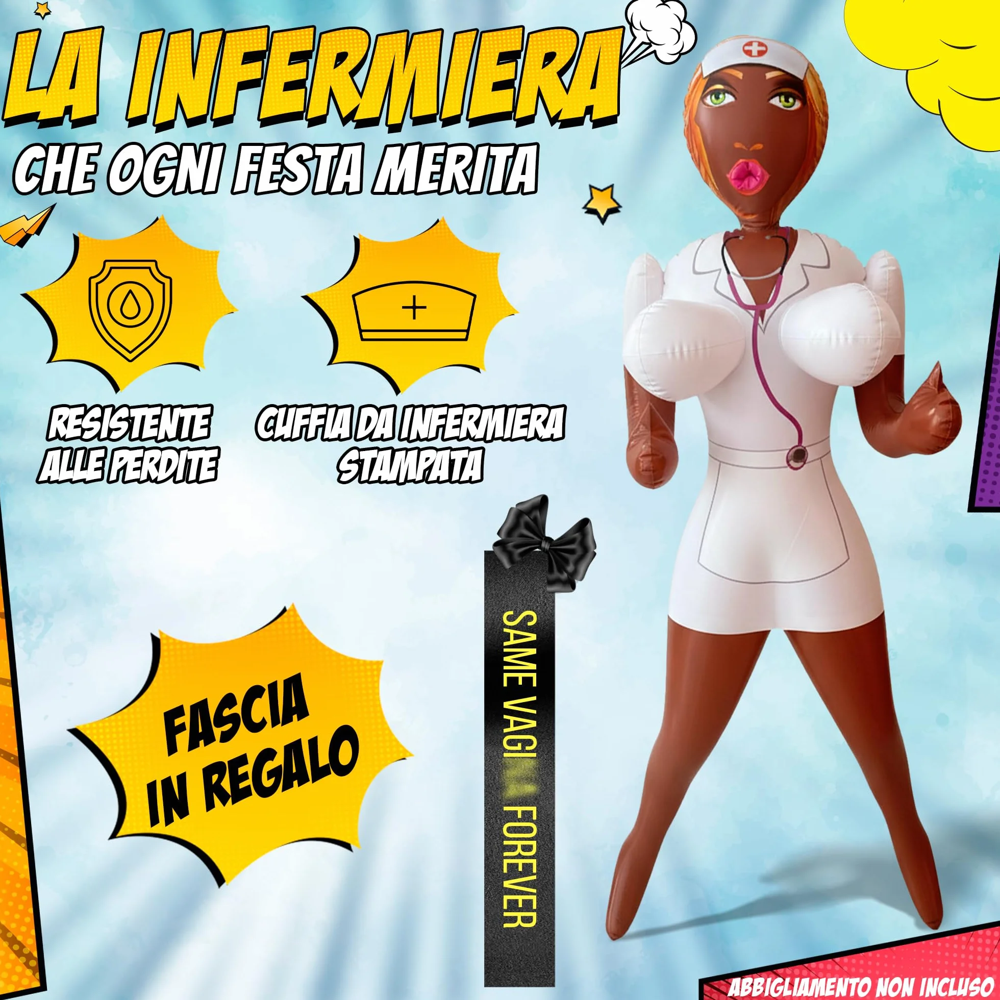Bambola Gonfiabile Donna con Fascia per Addio al Celibato e Confezione Originale - Altezza 150 cm - Nurse Nikki