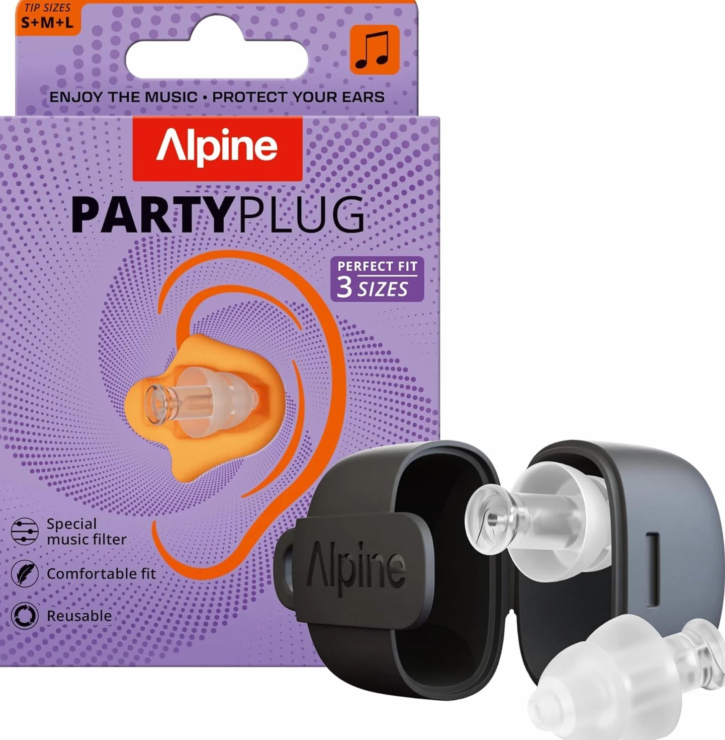 Alpine PartyPlug Tappi Orecchie 19dB Protezione Uditiva Festival Riutilizzabili 3 Misure S/M/L Trasparente