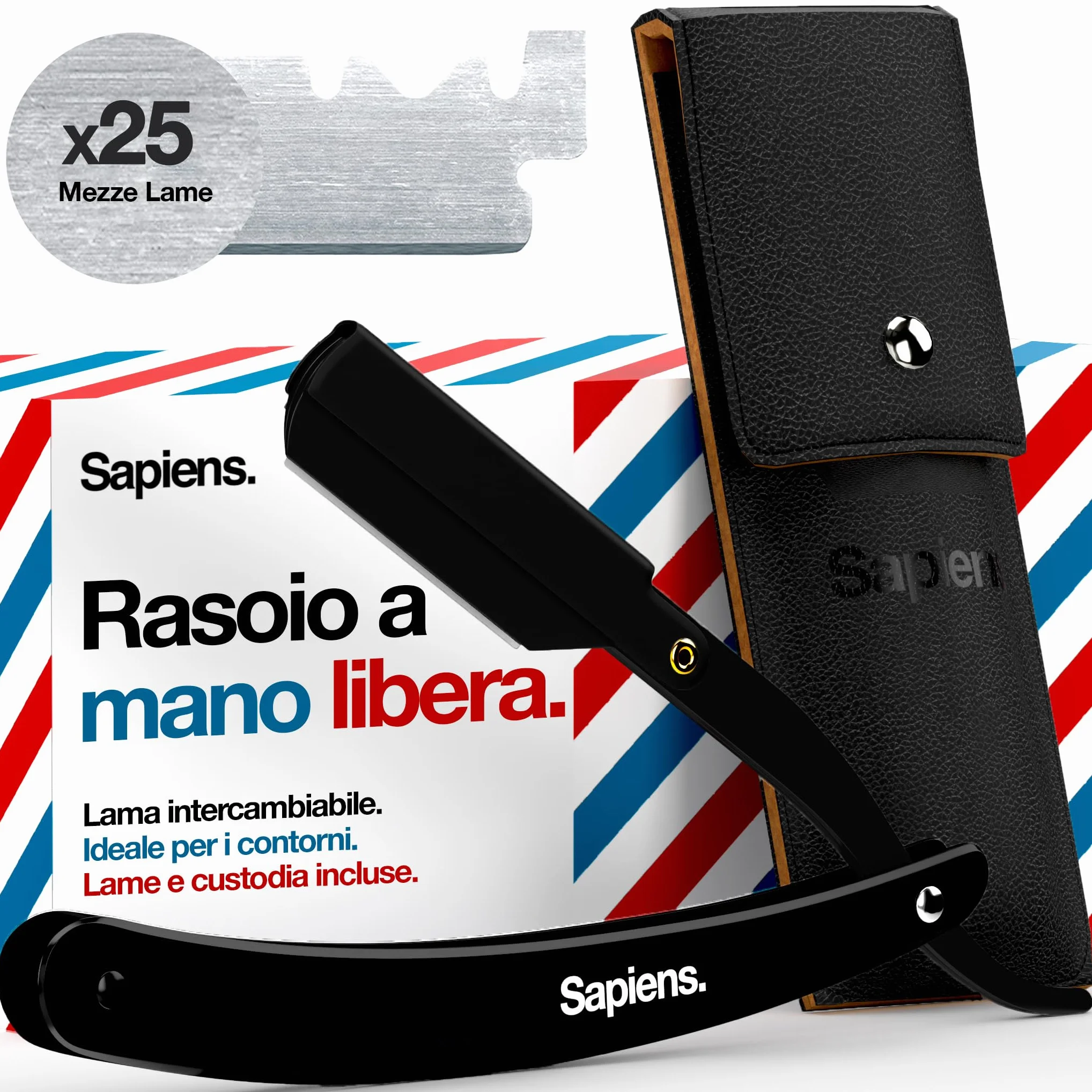 Sapiens Rasoio a Mano Libera - Rasoio Barba Uomo + 25 Mezze Lamette Barba + Custodia da trasporto - Rasoio Manuale con Lama Intercambiabile per Taglia Barba