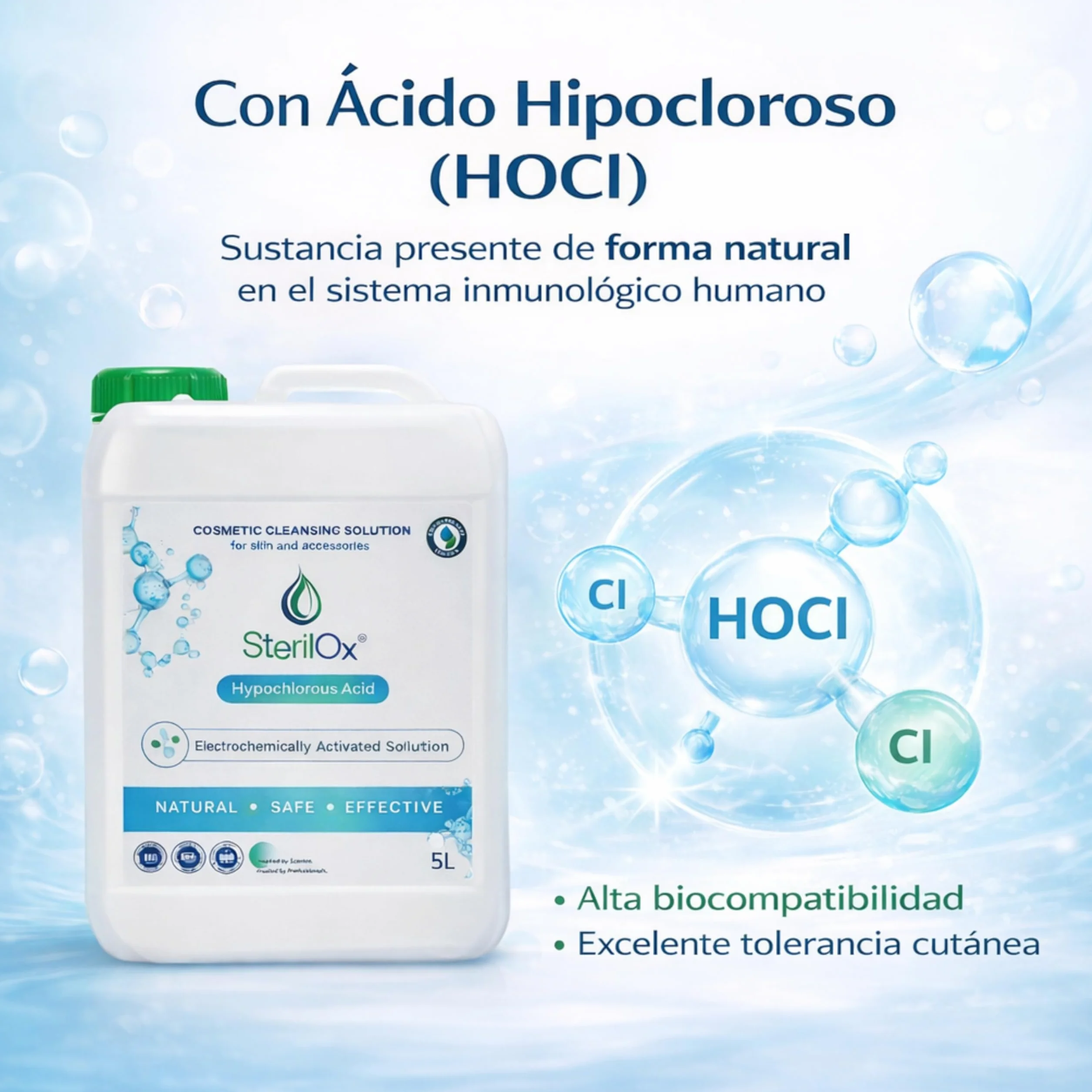 Soluzione Cosmetica con Acido Ipocloroso 5L Senza Alcol e Profumo Cura della Pelle Oggetti Superfici HoReCa