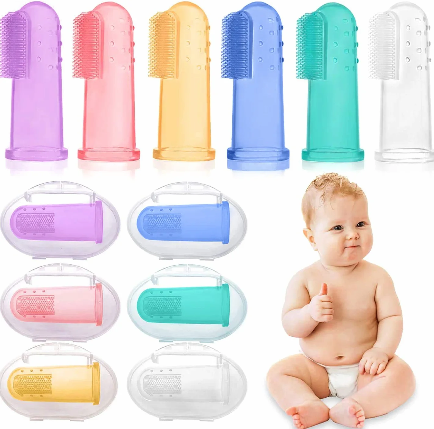 HBselect 6 Pezzi di Spazzolino Bambini da Dito Multicolore con Scatola Spazzolino Denti in Silicone Sicuro e Morbido Pulizia Denti Neonati