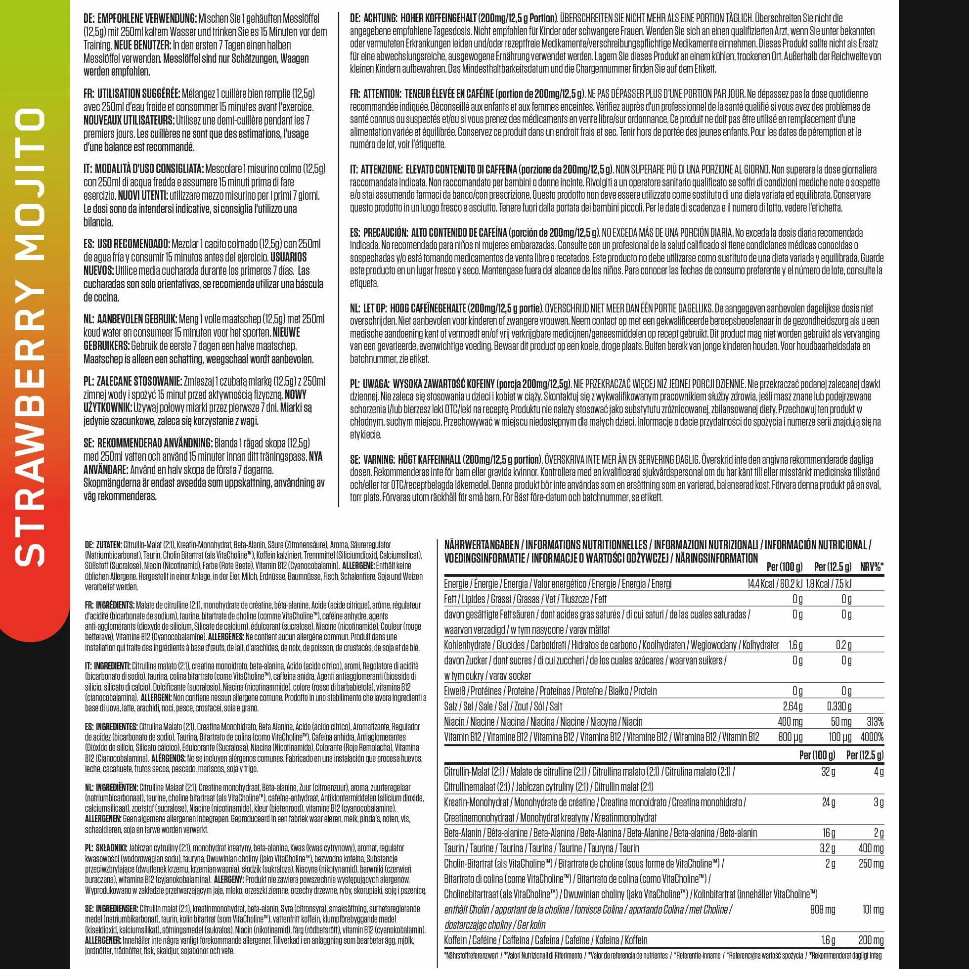 Applied Nutrition ABE All Black Everything Pre Workout Powder Energy, Performance fisica con citrullina, creatina, beta alanina, caffeina, Vitamina B complex, 315 gr, 30 porzioni (Strawberry Mojito)
