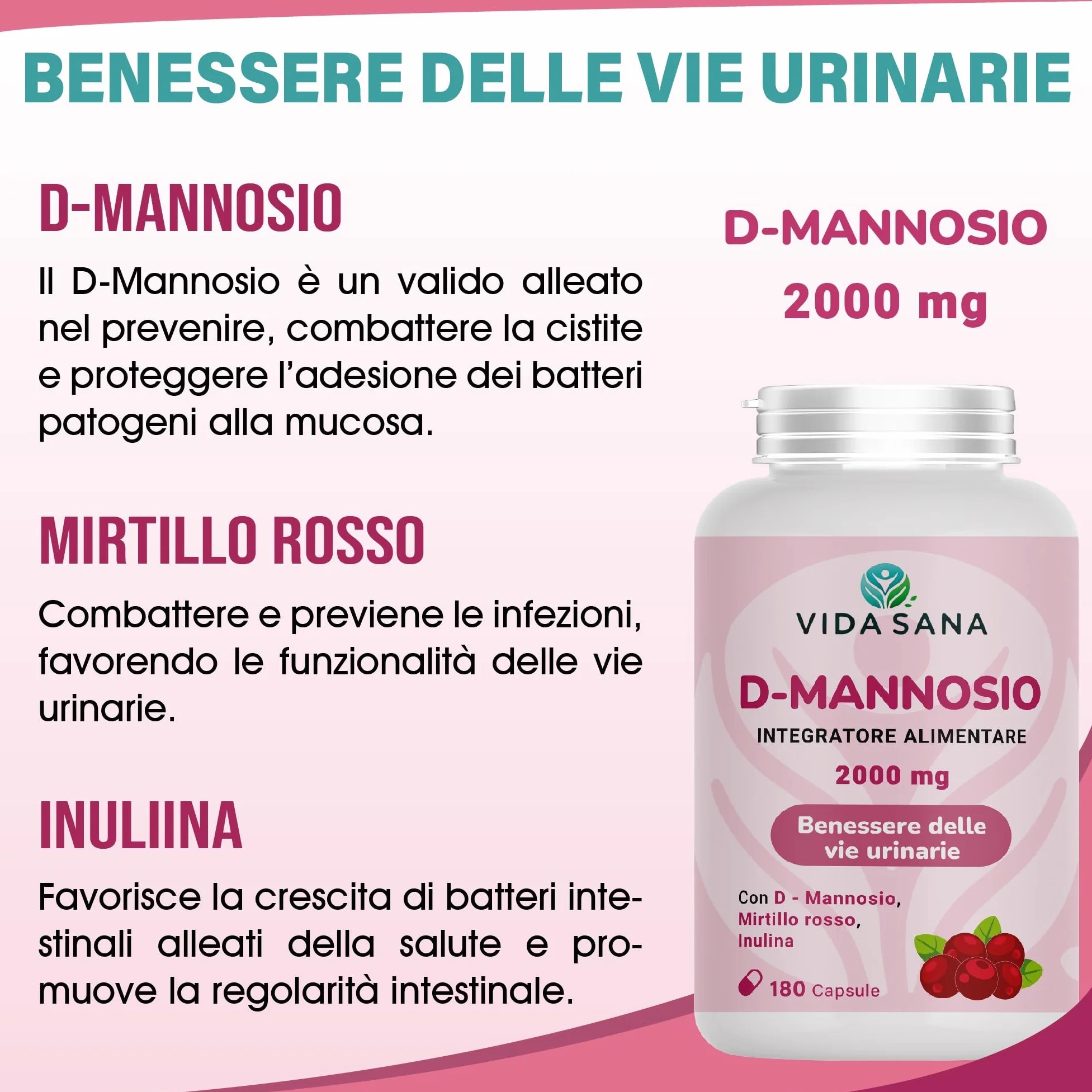 D-Mannosio Puro 2200 mg con Mirtillo Rosso 180 Capsule Integratore per Vie Urinarie e Cistite
