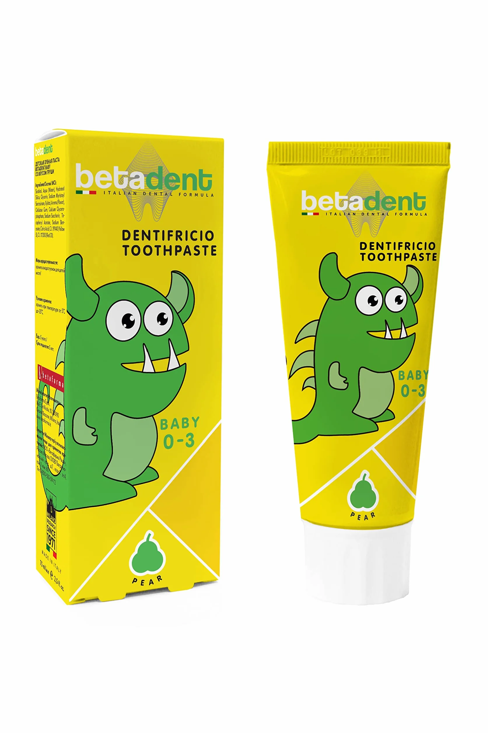 Betadent DENTIFRICIO BABY PER BAMBINI DA 0 A 3 ANNI. Senza Fluoro. Gusto Pera. Azione Antiplacca, facilita la dentizione. Formulazione naturale - 75 ml