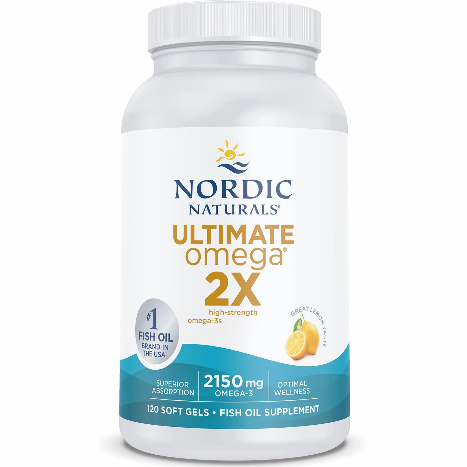 Nordic Naturals Ultimate Omega 3 2X, integratori di olio di pesce 2150 mg Omega-3 EPA DHA, 120 softgel, gusto limone, senza soia e glutine