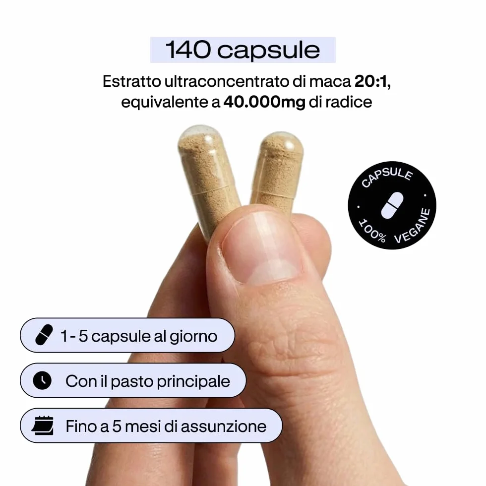 Maca Nera Peruviana ad Alto Dosaggio | 40.000mg - Estratto 20:1 | 5 Mesi | Energia e Vitalità | Uomo e Donna | Prestazioni, Resistenza ed Equilibrio | 140 Capsule Vegane Altamente Concentrate