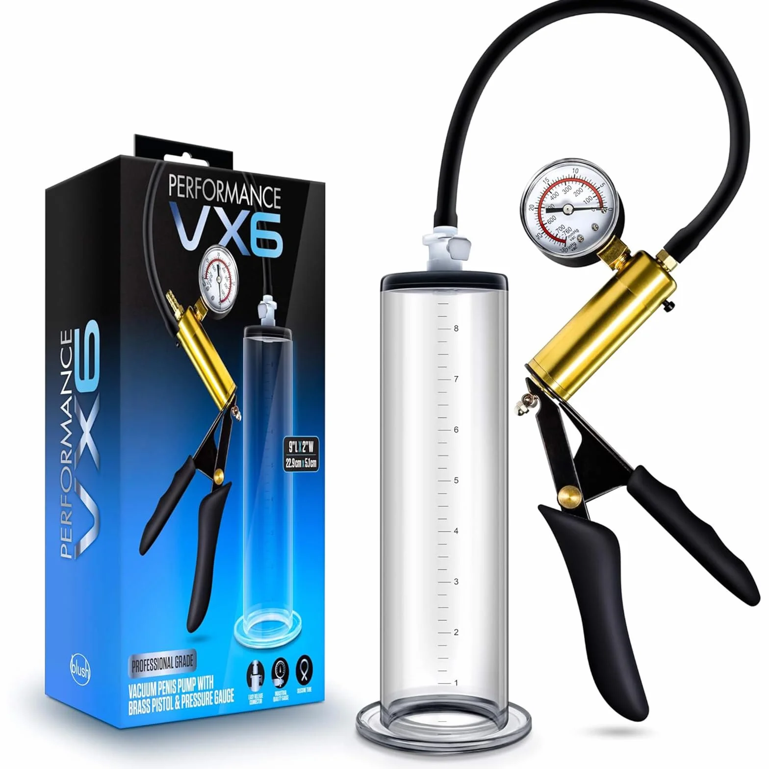 Pompa pene per ingrandimento manuale con manometro e impugnatura in metallo include 1 guaina per pene in silicone sex toys per uomo (5.1cm)