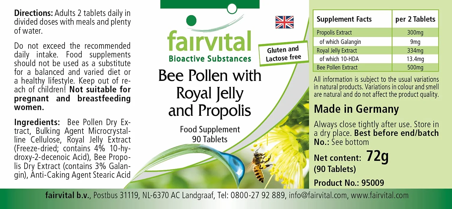 Fairvital Pollen d'api con pappa reale e propoli, 90 compresse, Alto Dosaggio