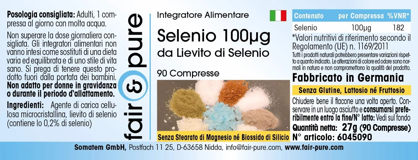 Fair & Pure® - Selenio 100µg - Lievito di selenio in polvere - Vegan - 90 Compresse