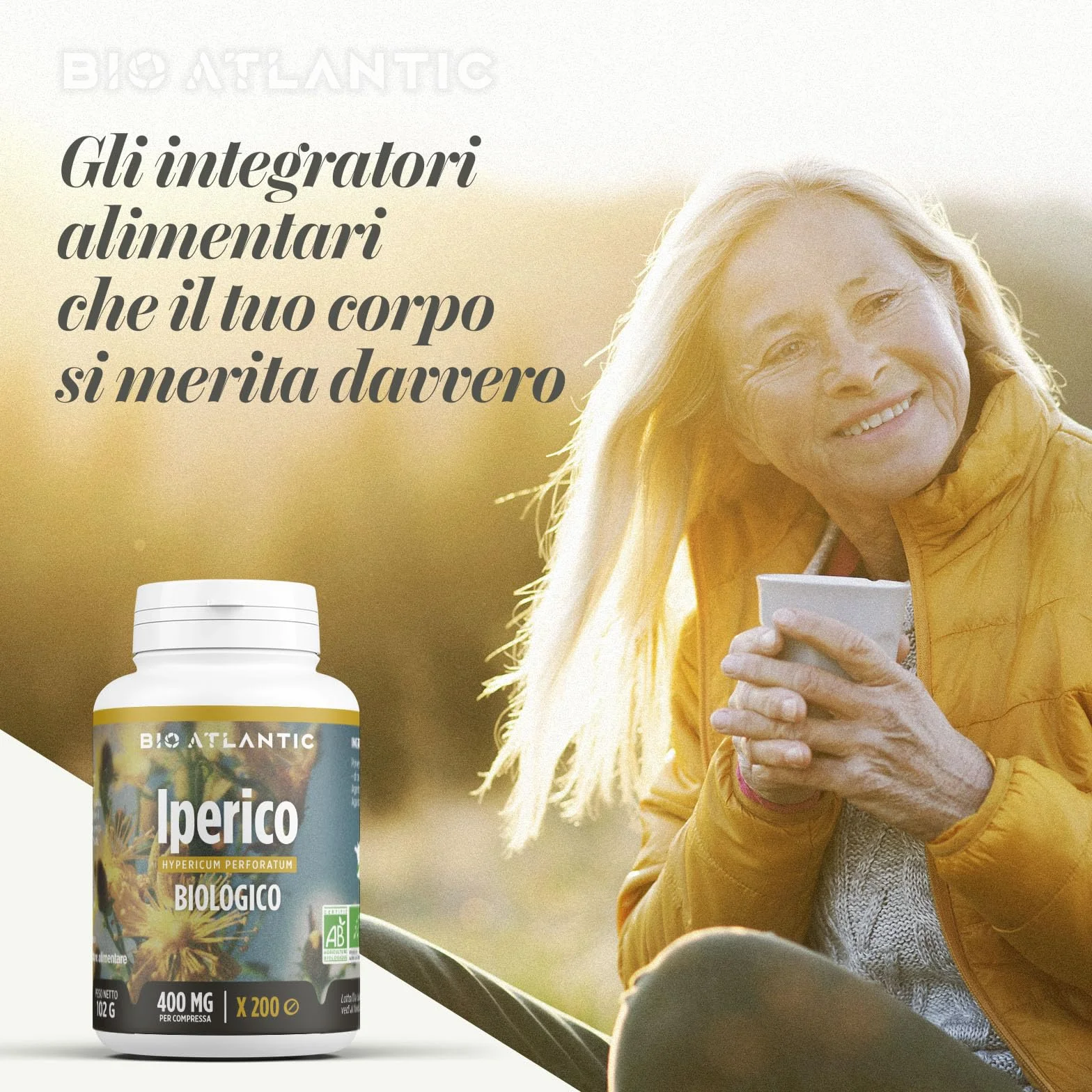 Iperico Bio (Erba di San Giovanni) 400mg - 120 compresse, Polvere di Iperico sommità fiorite : 400mg - Agente di carica : carbonato di magnesio