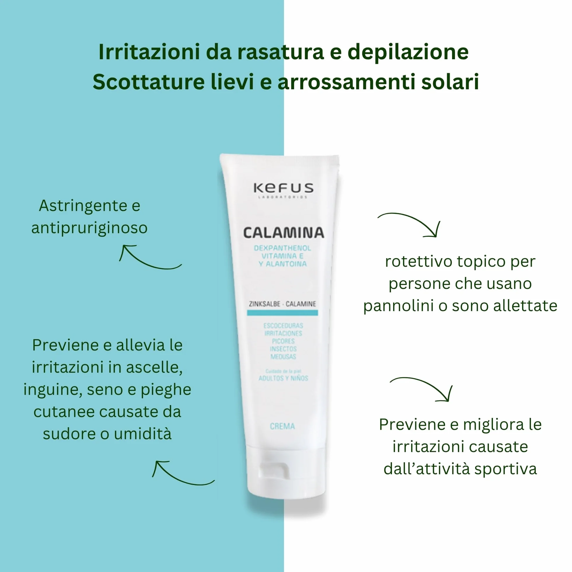 Kefus Crema Calamina con Dexpantenolo, Allantoina e Vitamina E. Astringente, assorbente e protettiva per la pelle. Previene e migliora le eruzioni cutanee, allevia le punture di insetti e meduse. 75 g