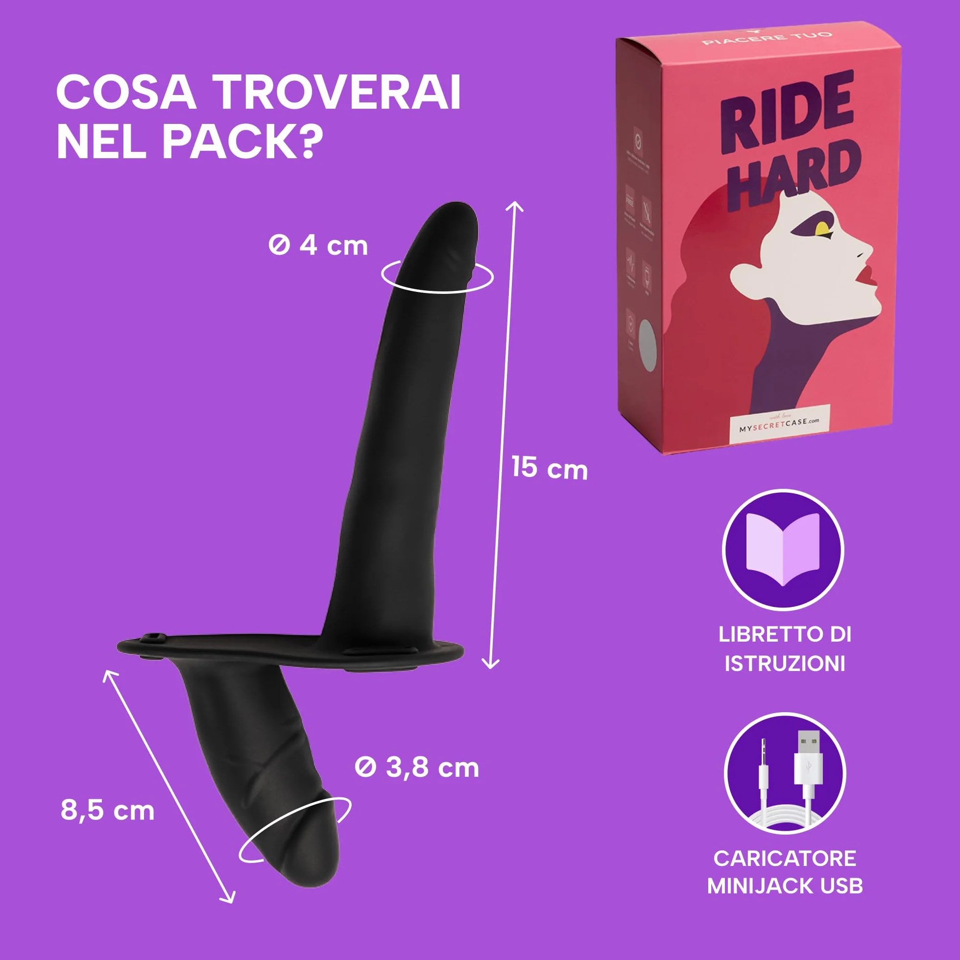 MySecretCase Strap On Doppio 15cm 8,5cm con Telecomando 7 Modalità di Vibrazione 3 Livelli di Intensità per Donna
