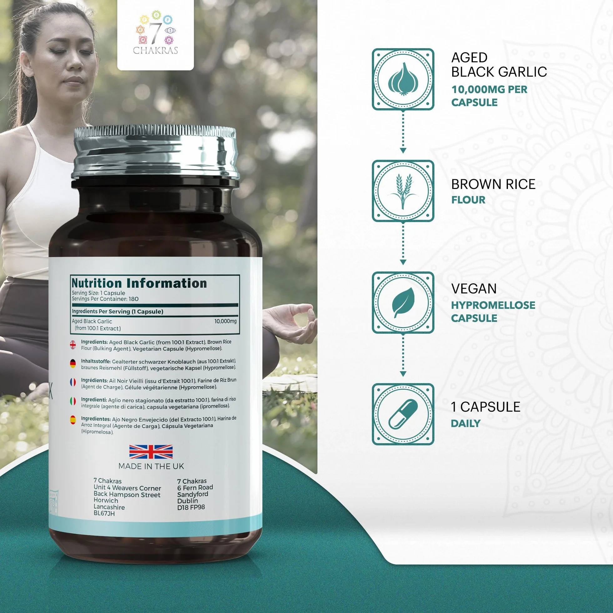 7C Aglio Nero | 180 Capsule Aglio Nero ad Alta Potenza - 10.000mg Estratto D’aglio per Capsula | Integratore Black Garlic Inodore | Non-OGM, Senza Glutine e Allergeni | Prodotto nel Regno Unito