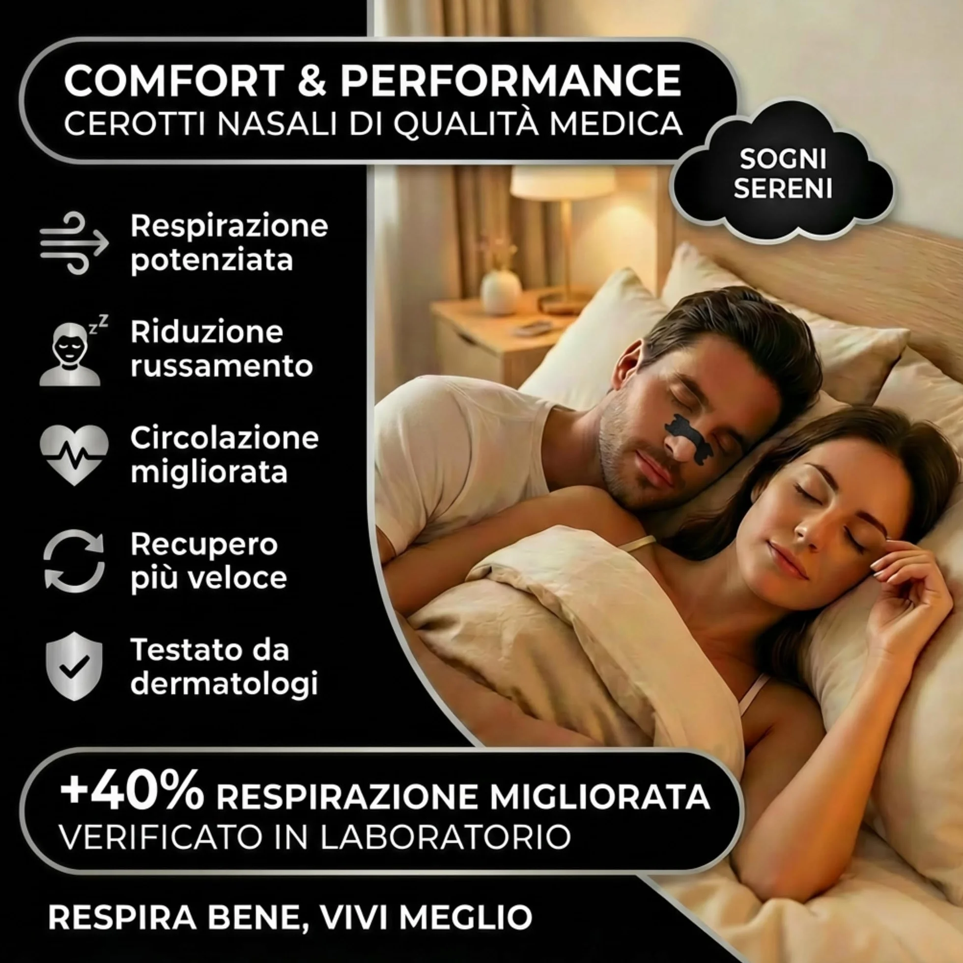 Cerotti Nasali Anti Russamento 30 Pezzi, Sport Respira Bene, Dimensioni Universali, Nero