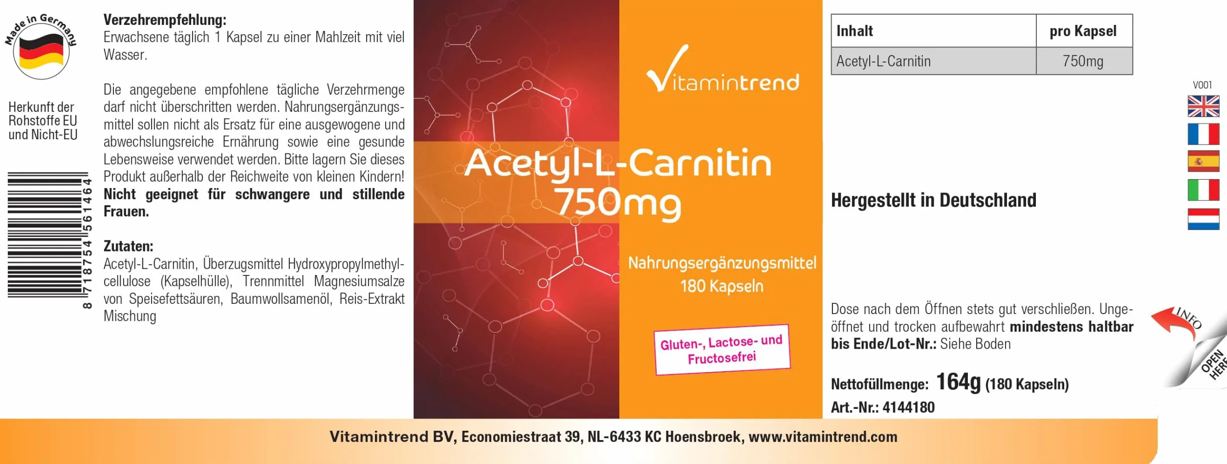 Vitamintrend Acetil-L-Carnitina 750 mg, 180 capsule, ad alto dosaggio, integratore alimentare vegano senza stearato di magnesio, prodotto in Germania